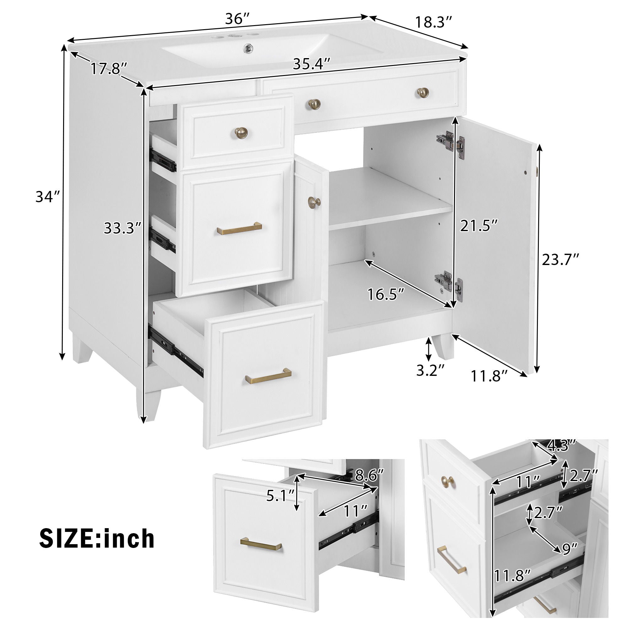 36" Bathroom Vanity With Sink, Soft Close Doors, Adjustable Shelves - White