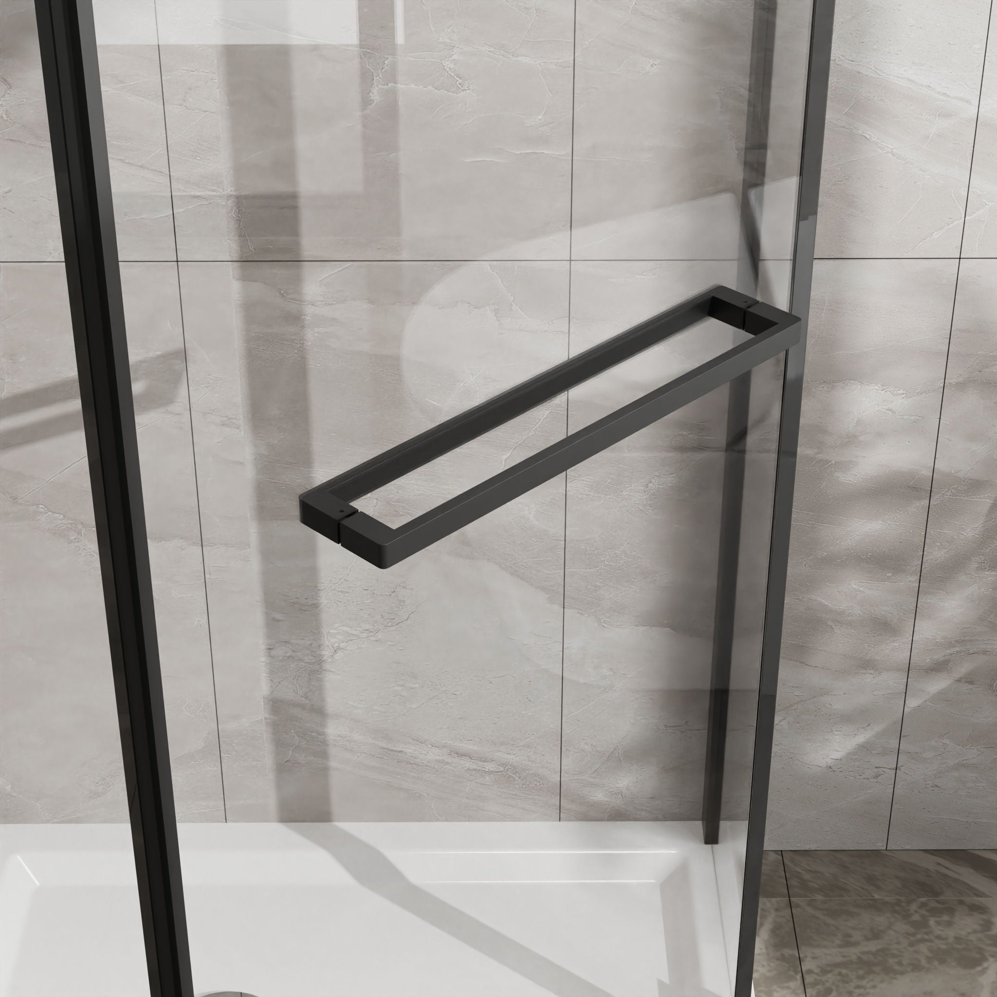 Neo Angle - Frameless Shower Door With White Acrylic Shower Base Combo - Matte Black