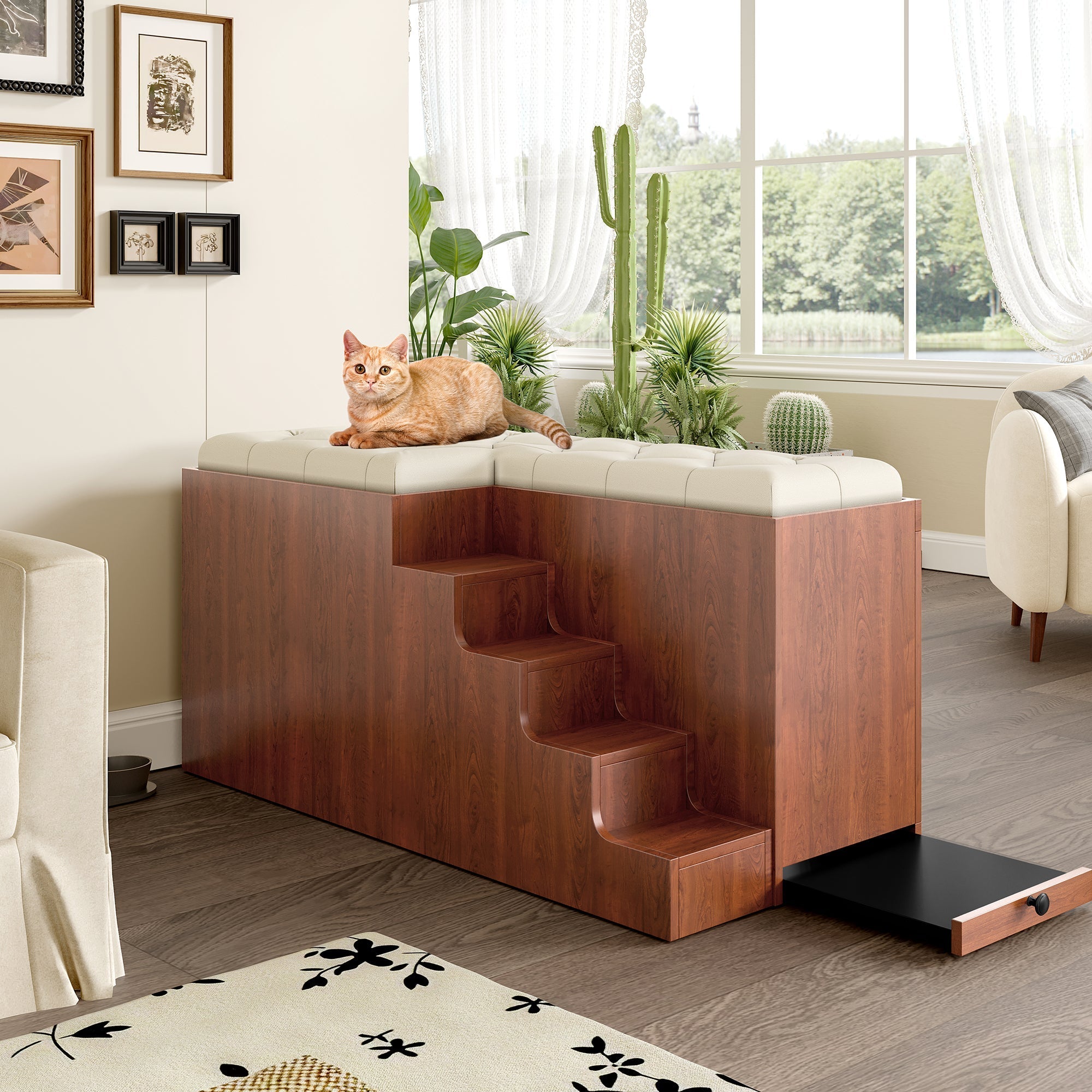 2 in 1 Dog Crate with Padded Seat Walnut 56'L Furniture Style