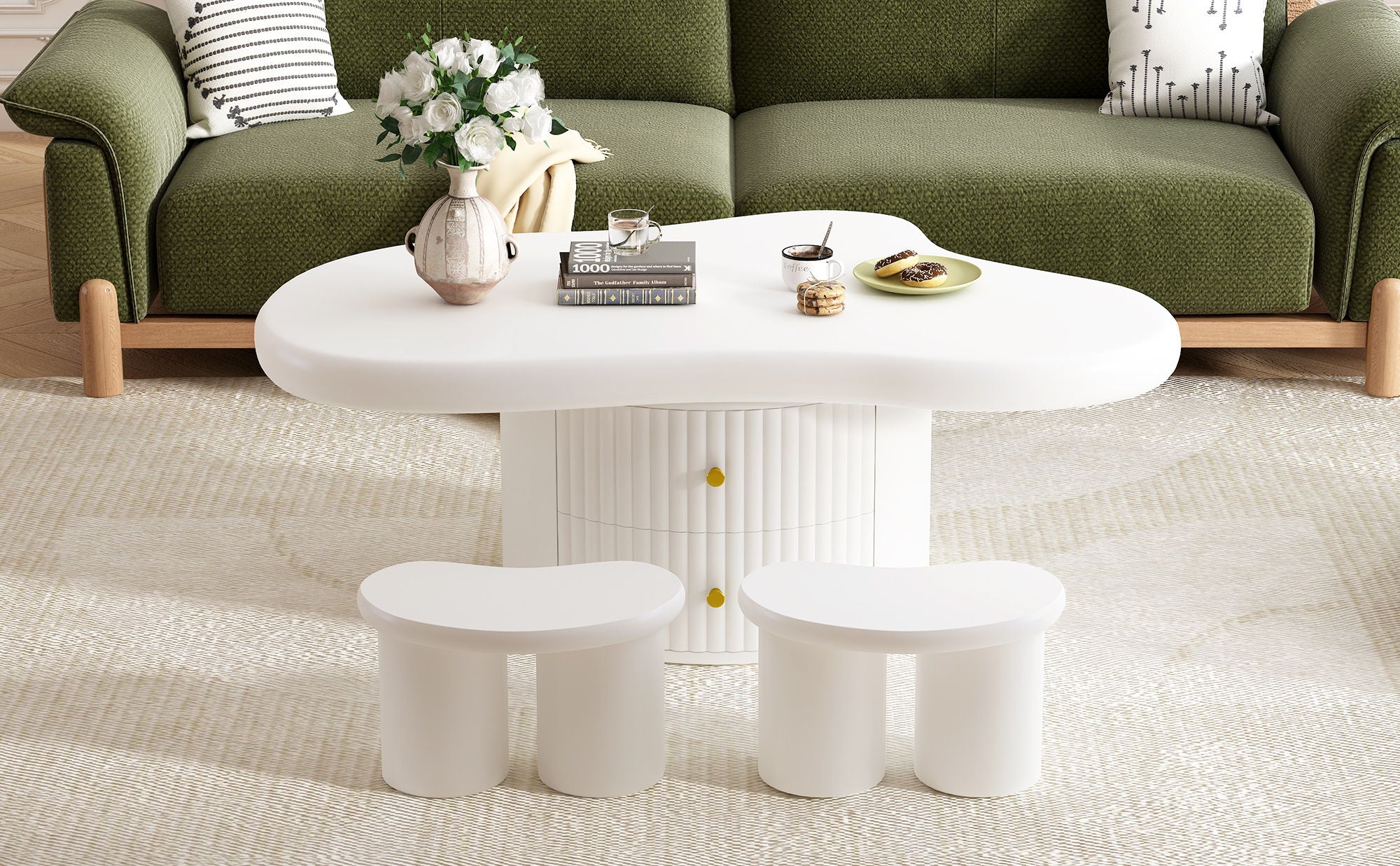 Cloud - Coffee Table (Set of 3), Irregular Shape Coffee Table With 2 Drawers, 2 Small Stools For Living Room - White