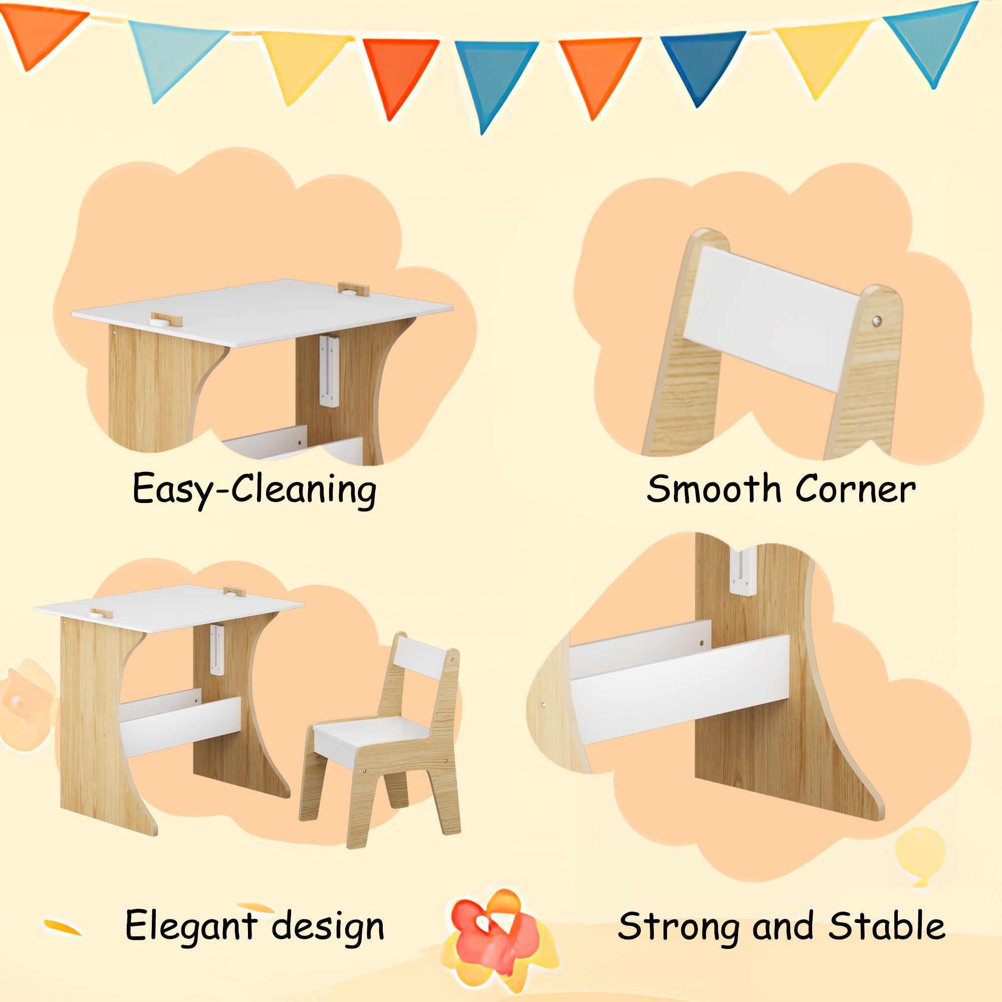 Table Set With 1 Chair, Multifunctional Study Table Convertible Top For Study Drawing & Play - White