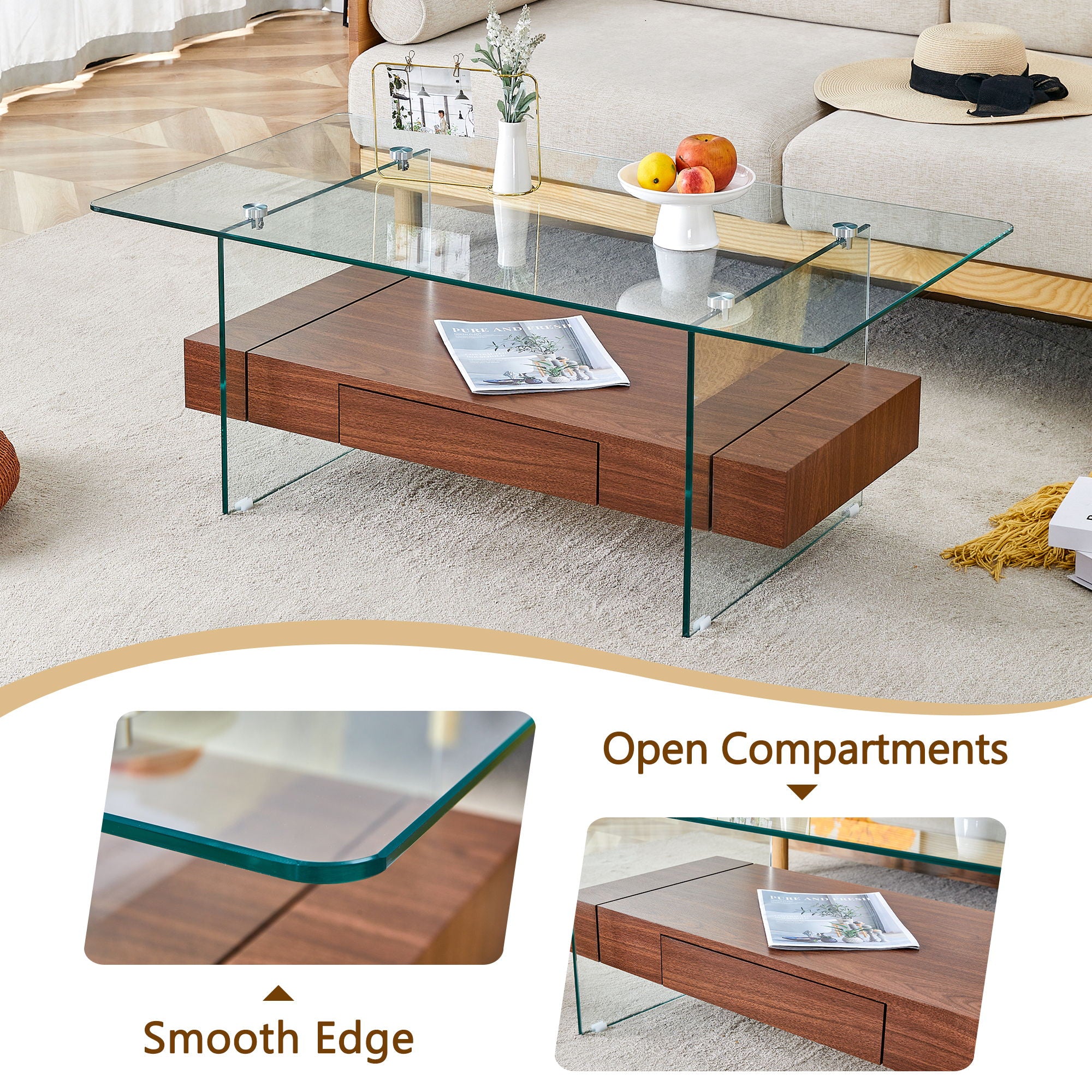 Modern 2 Tier Square Coffee Table, Elegant Marble Pattern