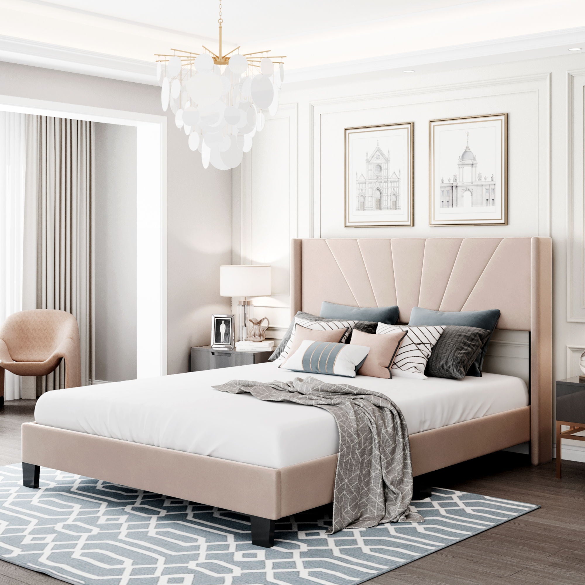 Velvet Upholstered Platform Bed, Box Spring Needed