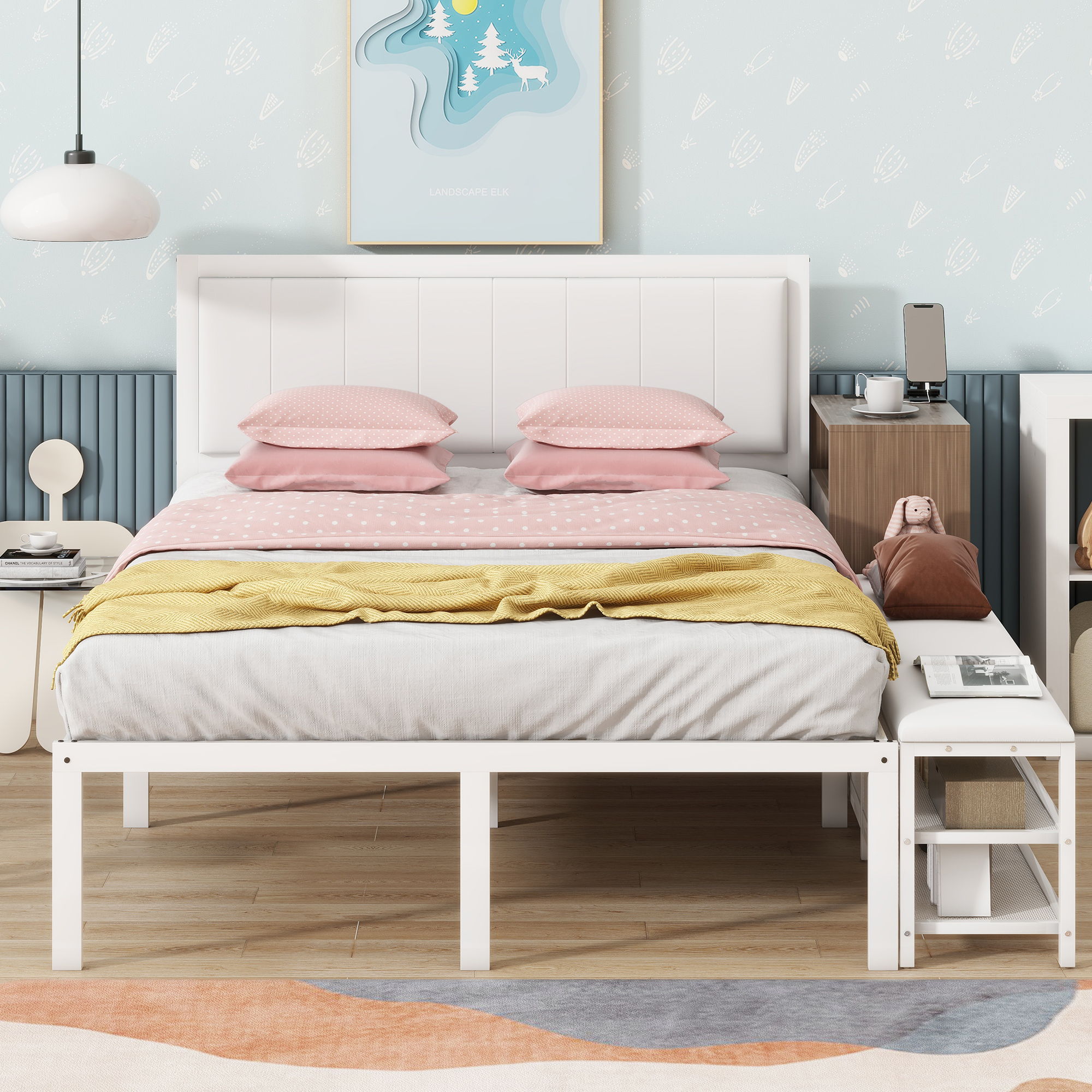 Platform Bed With 2 Tier Storage Shelves, Storage Cabinet