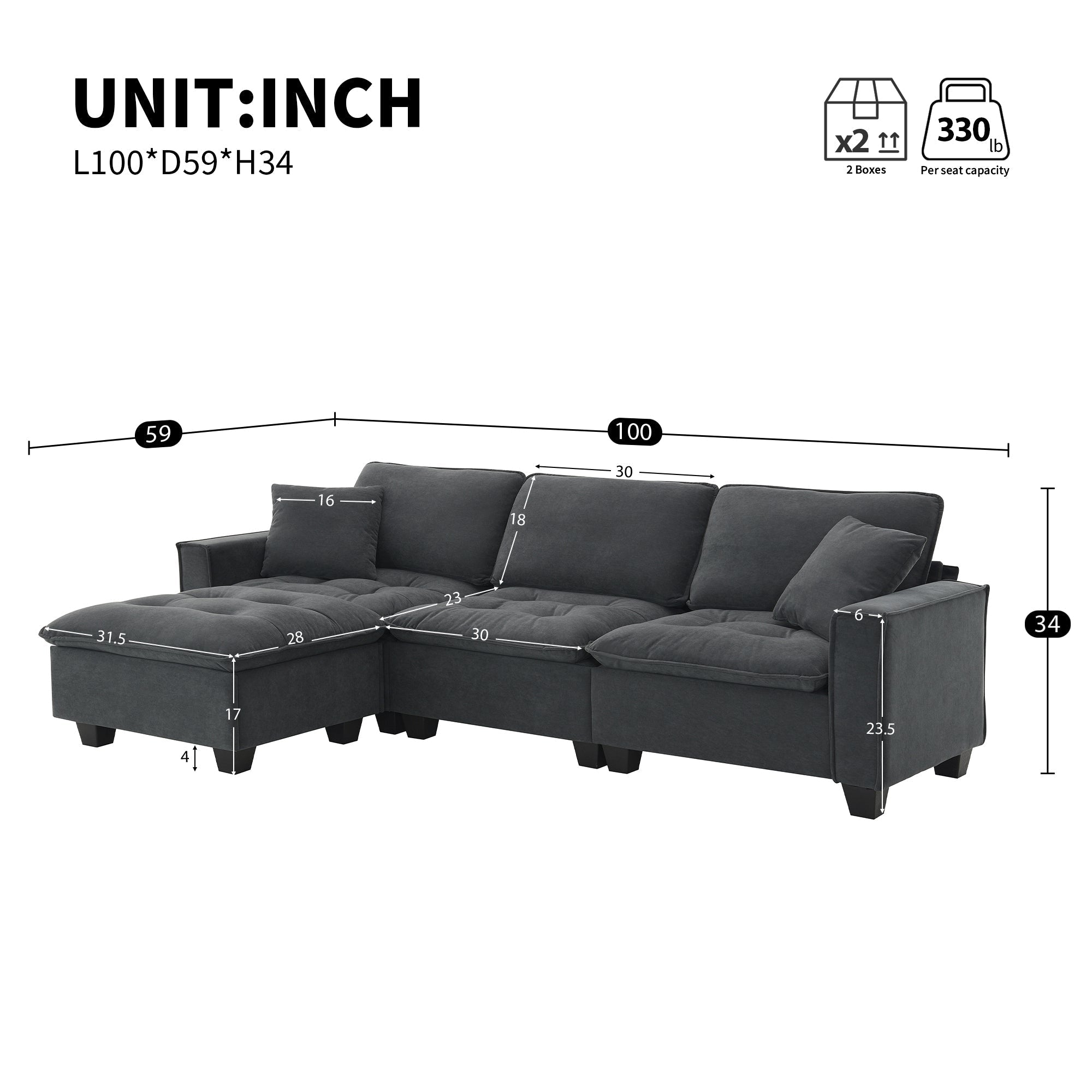 Leland Suede-Tufted L-Shaped Sectional With Ottoman