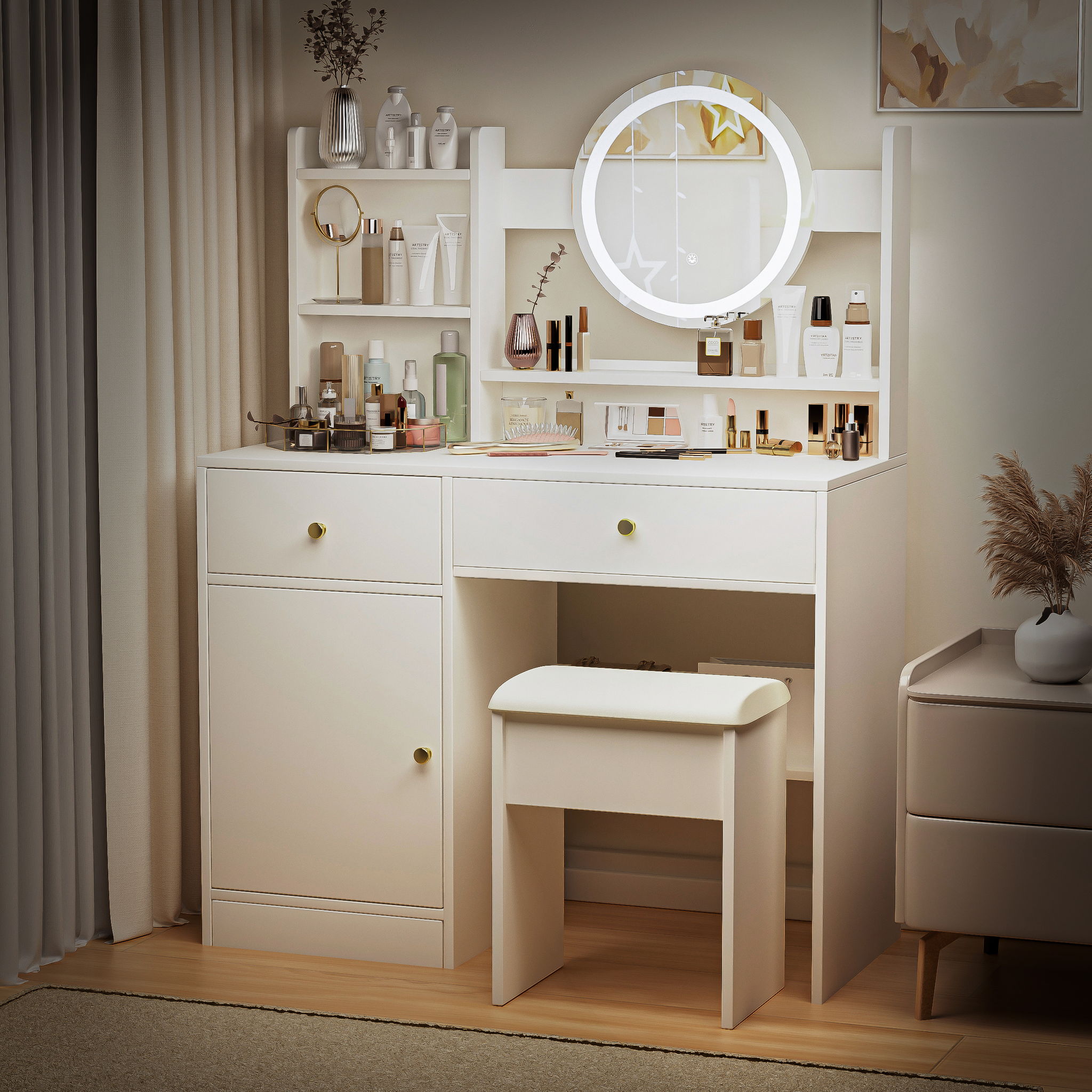 Fashion Vanity Desk With Mirror And Lights For Makeup And Cushioned Chair - White - Best Buy Furniture