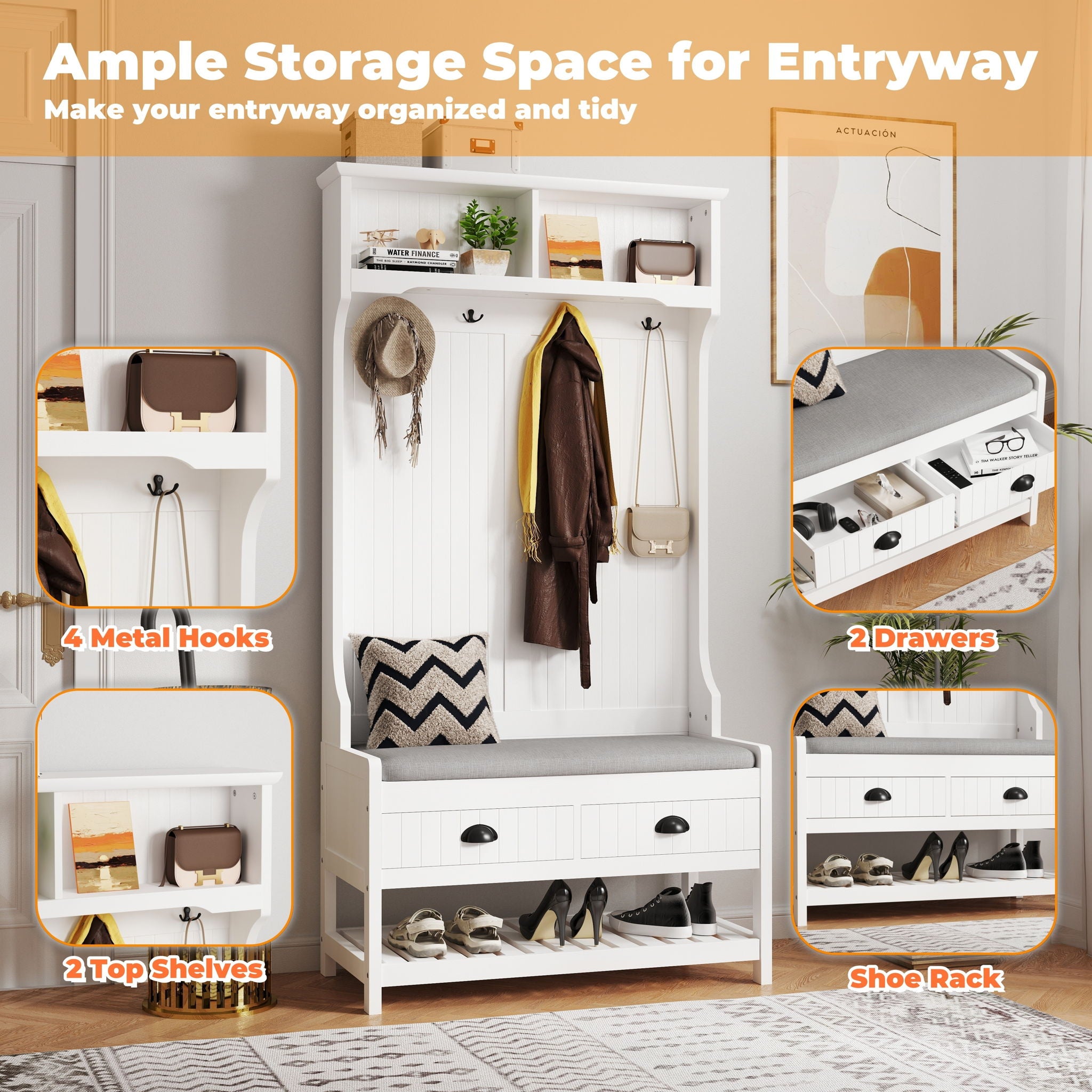 Modern 3 In 1 Hallway Hall Tree With Storage Drawers, Coat Rack, Shoe Rack Bench And Cushion