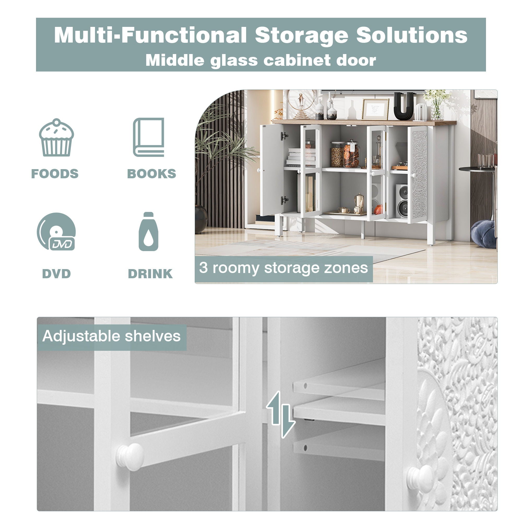 Retro TV Stand For TVs Up To 43", Entertainment Center Media Console Cabinet With 3 Spacious Cabinets, Glass Cabinet Doors And Anti-Tip Device For Living Room - White