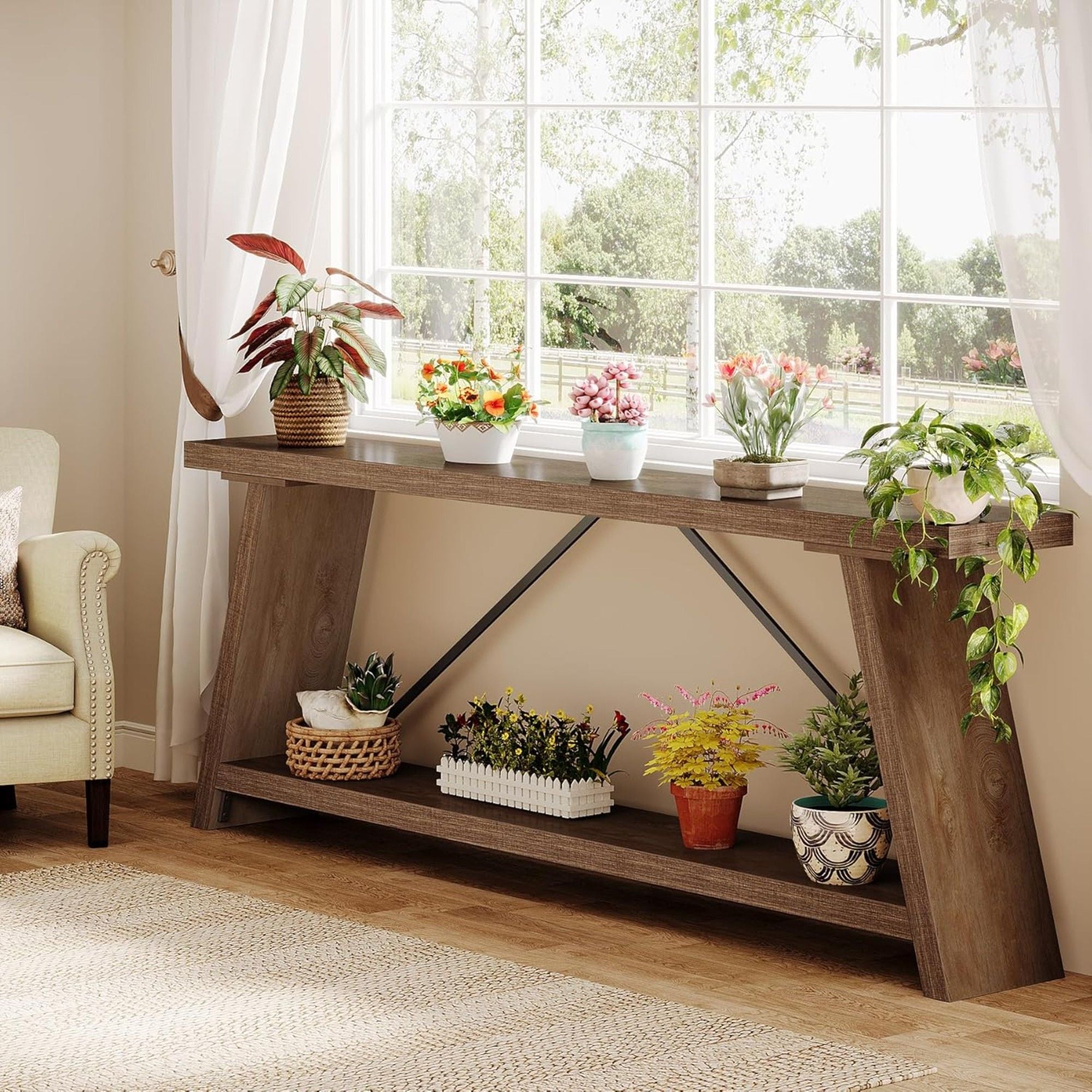 Console Table Extra Long Sofa Table With 2 Tier Shelves For Living Room Foyer - Natural / Light Brown