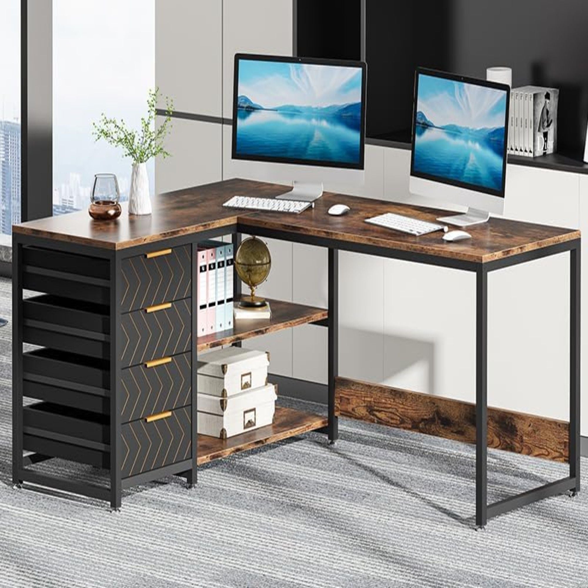 L-Shaped Computer Desk With Drawers And Shelves, Workstation For Home Office