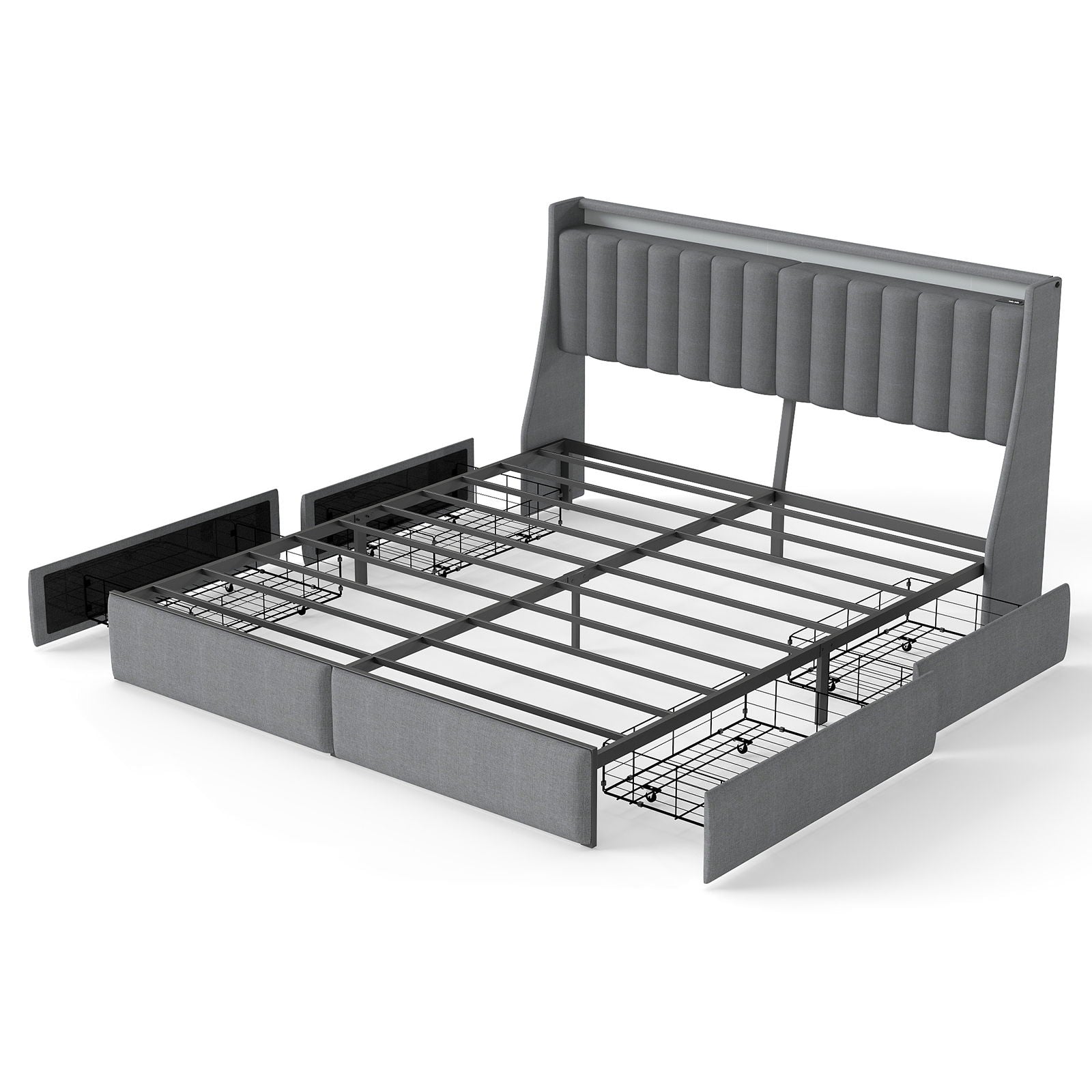King Upholstered Bed Frame With 4 Storage Drawers, RGB LED Lights & USB / Type-C Charging Station, No Box Spring Needed - Gray