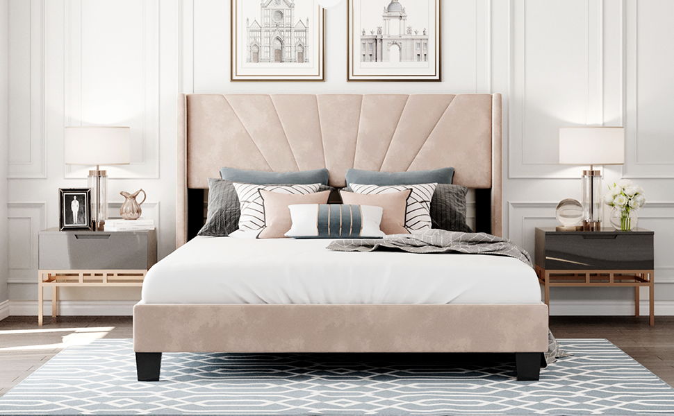 Velvet Upholstered Platform Bed, Box Spring Needed