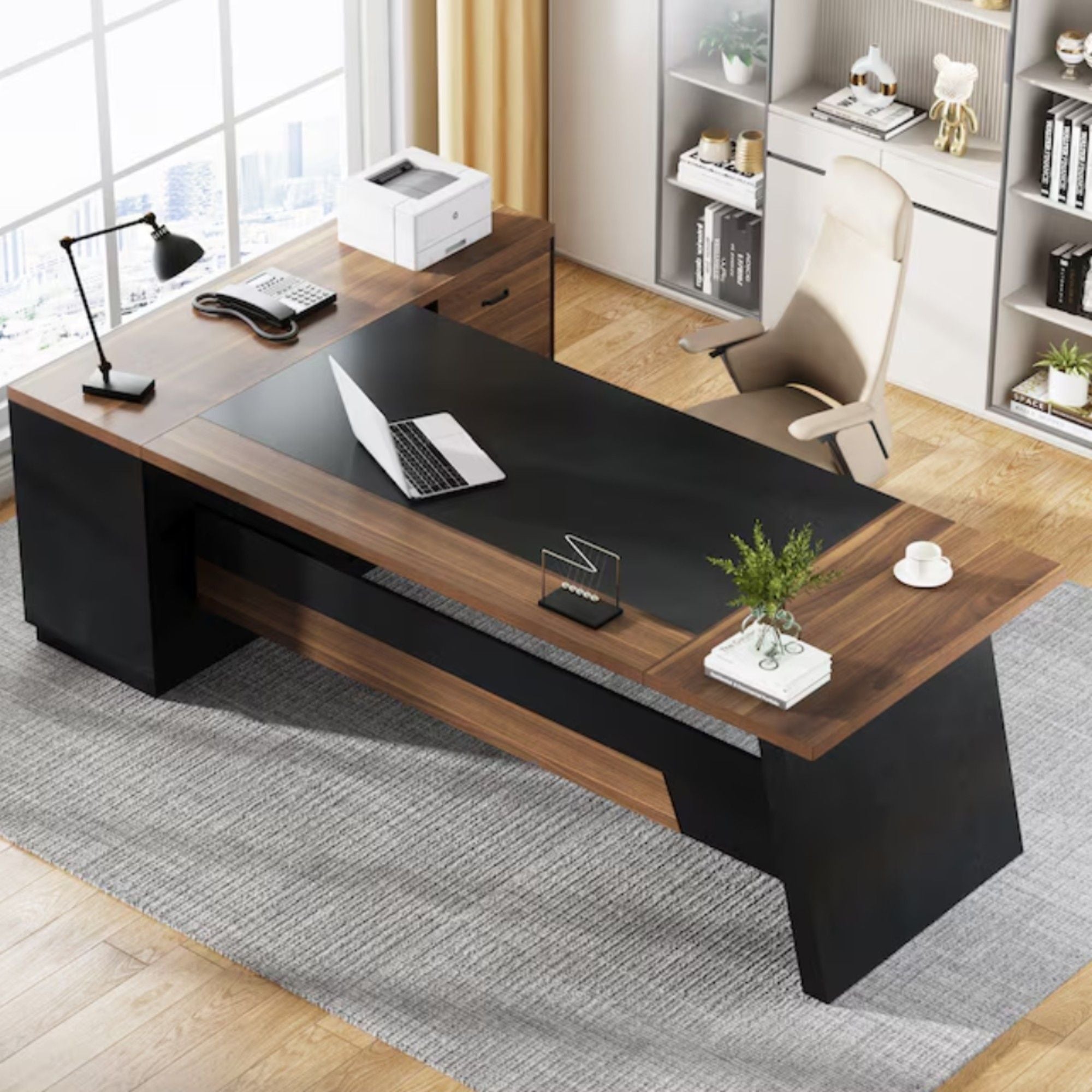 L-Shaped Executive Desk With File Cabinet & Drawers, Large Home Office Computer Workstation