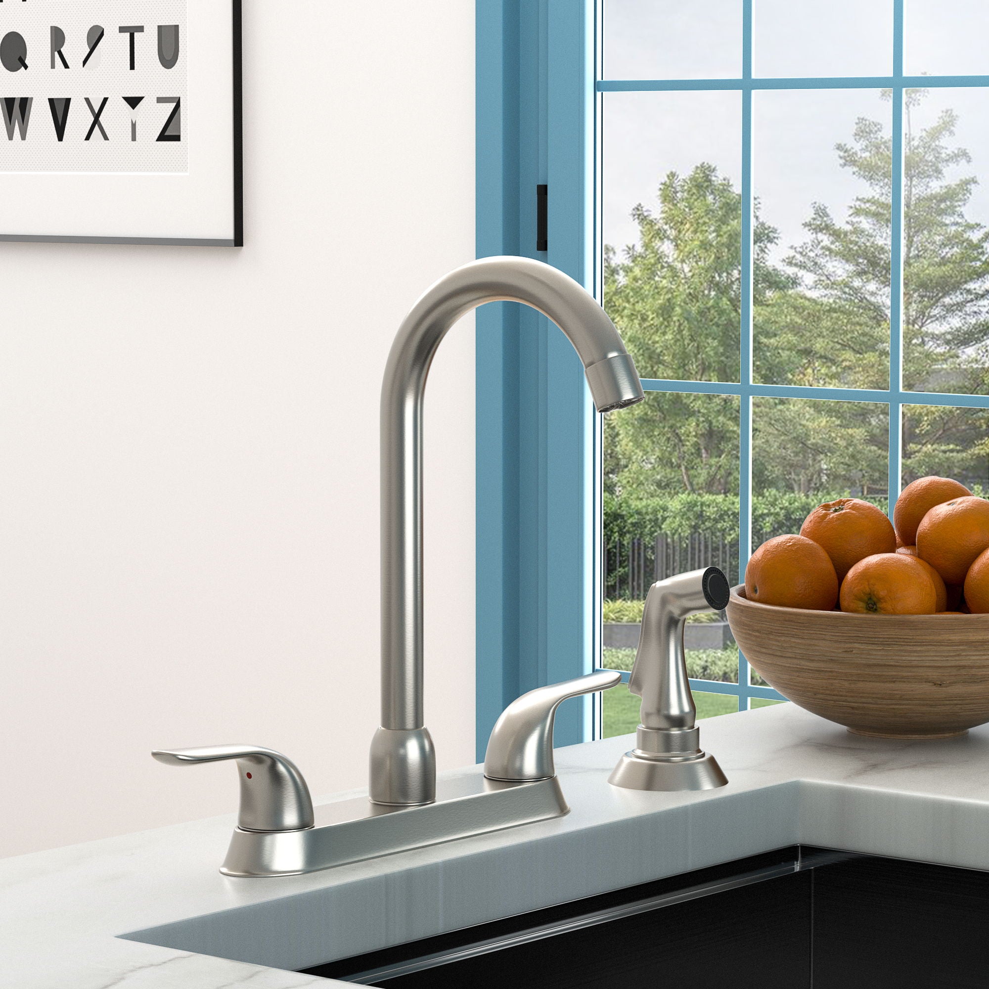 Kitchen Sink Faucet With 2 Handles And Pull Out Side Sprayer, 4 Hole Installation