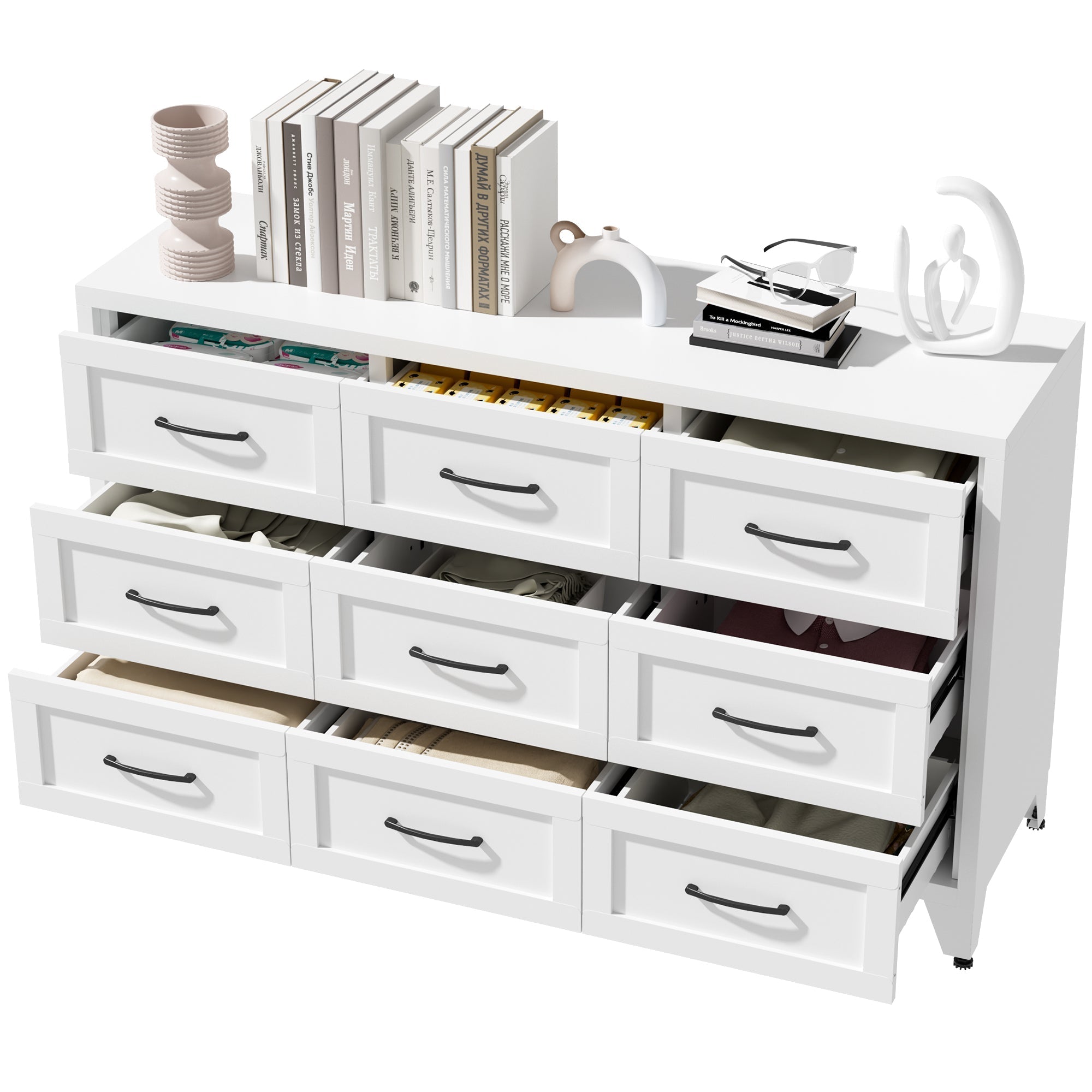 9 Drawer Dresser for Bedroom, Metal Profile Chest of Drawers, White Bedroom Dresser with Storage Drawers for Closet, Hallway, Entryway, Steel Furniture with Quiet-Glide Rails, Easy-Clean & Scratch