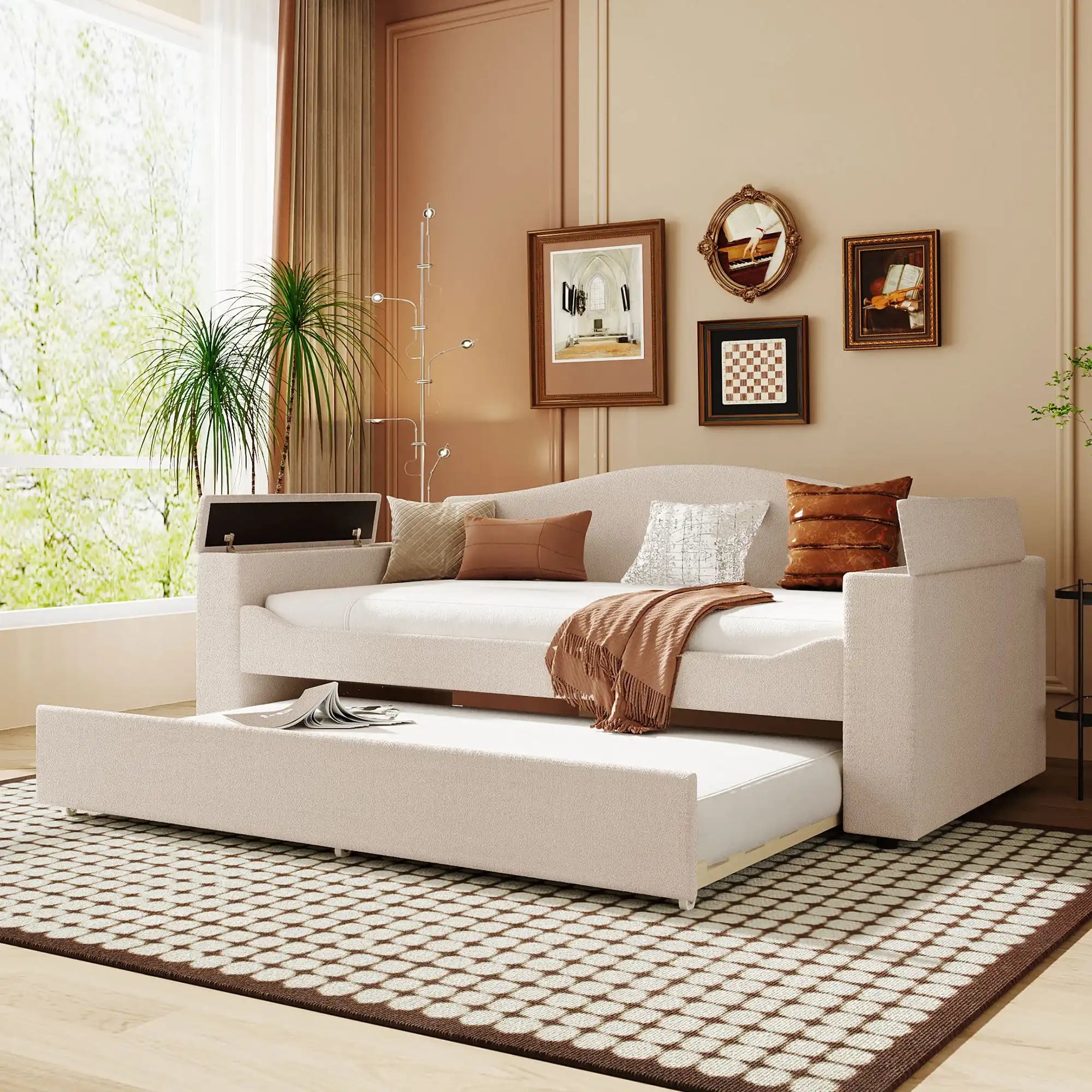 Twin Size Upholstered Daybed with Storage Armrests, Trundle and Bluetooth Audio System