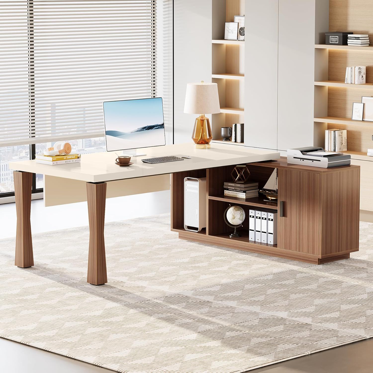L-Shaped Executive Desk With Storage Cabinet, Home Office Workstation With Shelves - White / Walnut