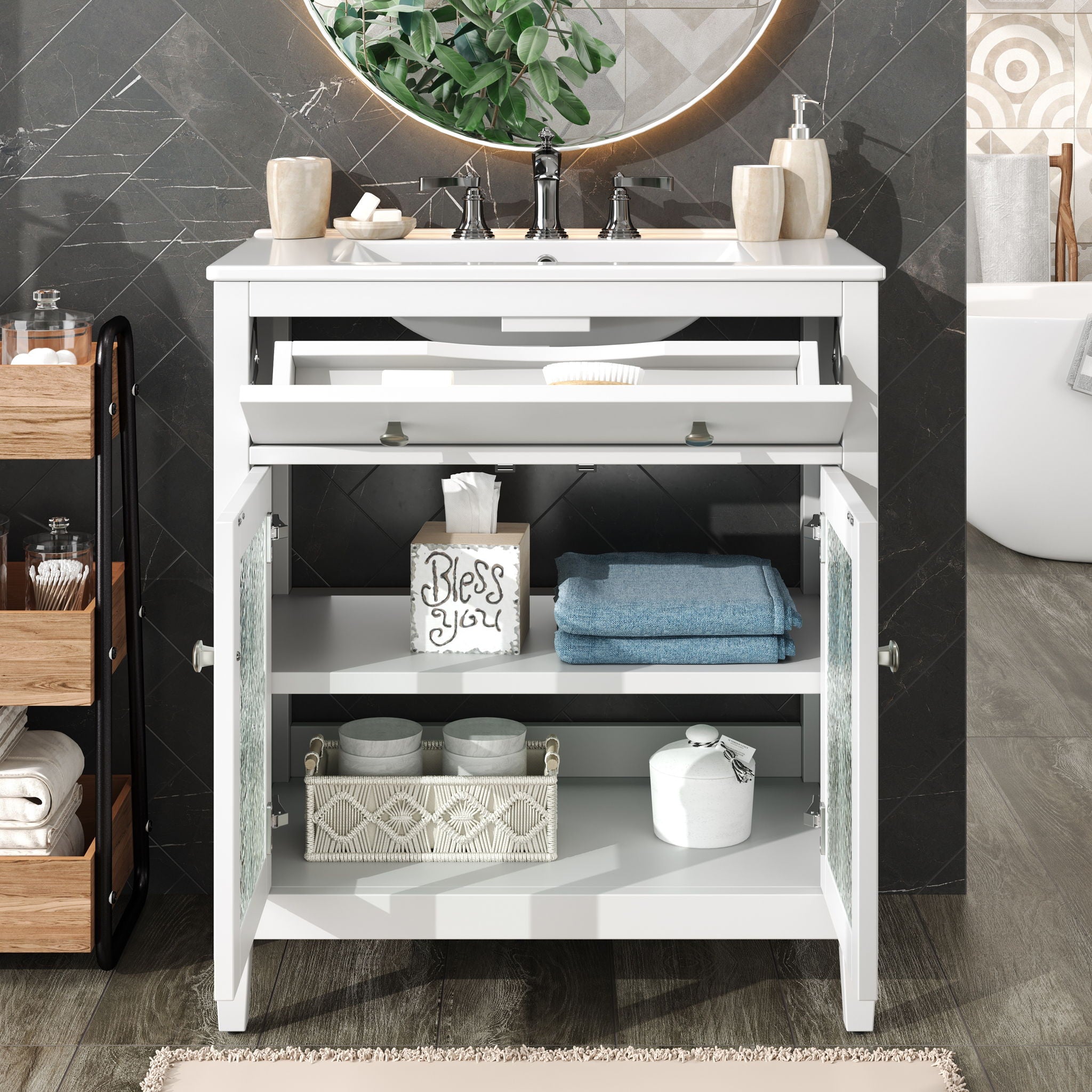 Bathroom Vanity With Ceramic Sink, Adjustable Shelf & Tip Out Tray
