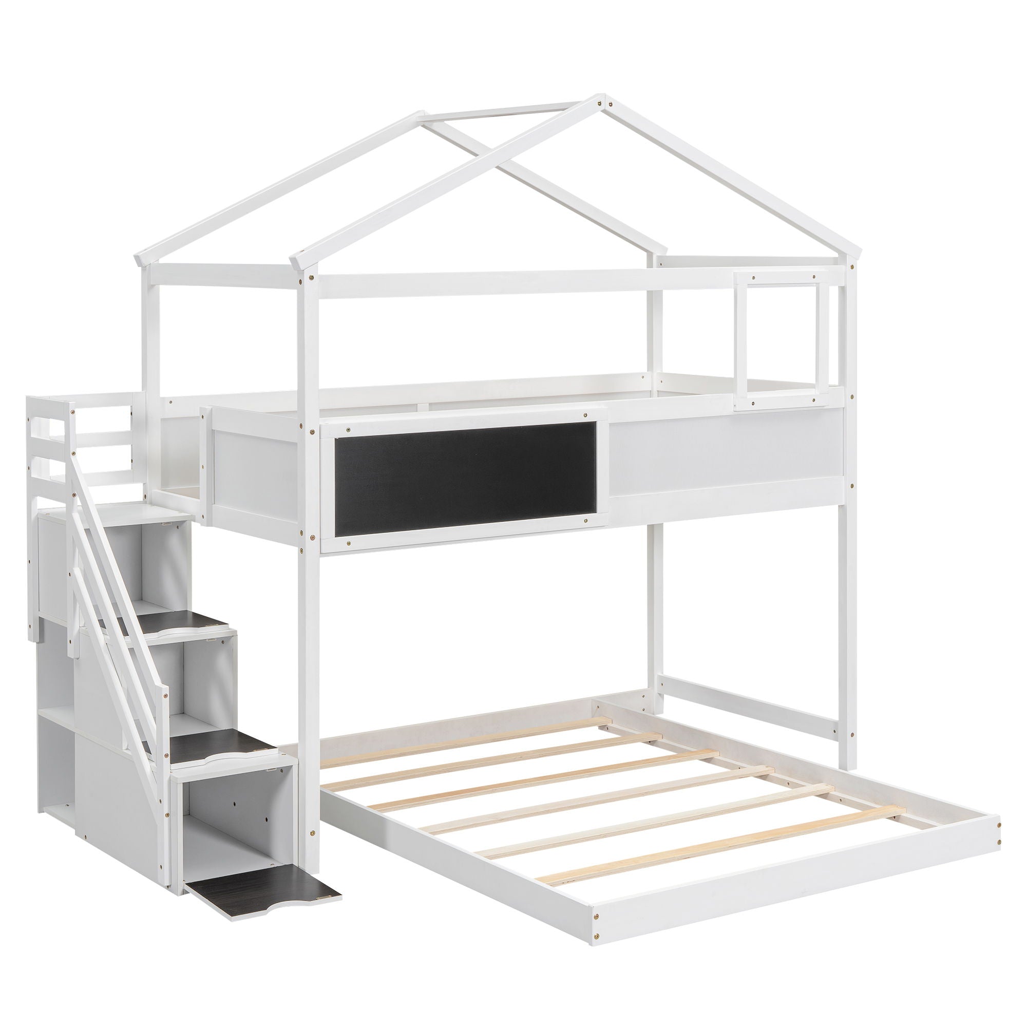 House Style Bunk Bed With Storage Staircase And Blackboard