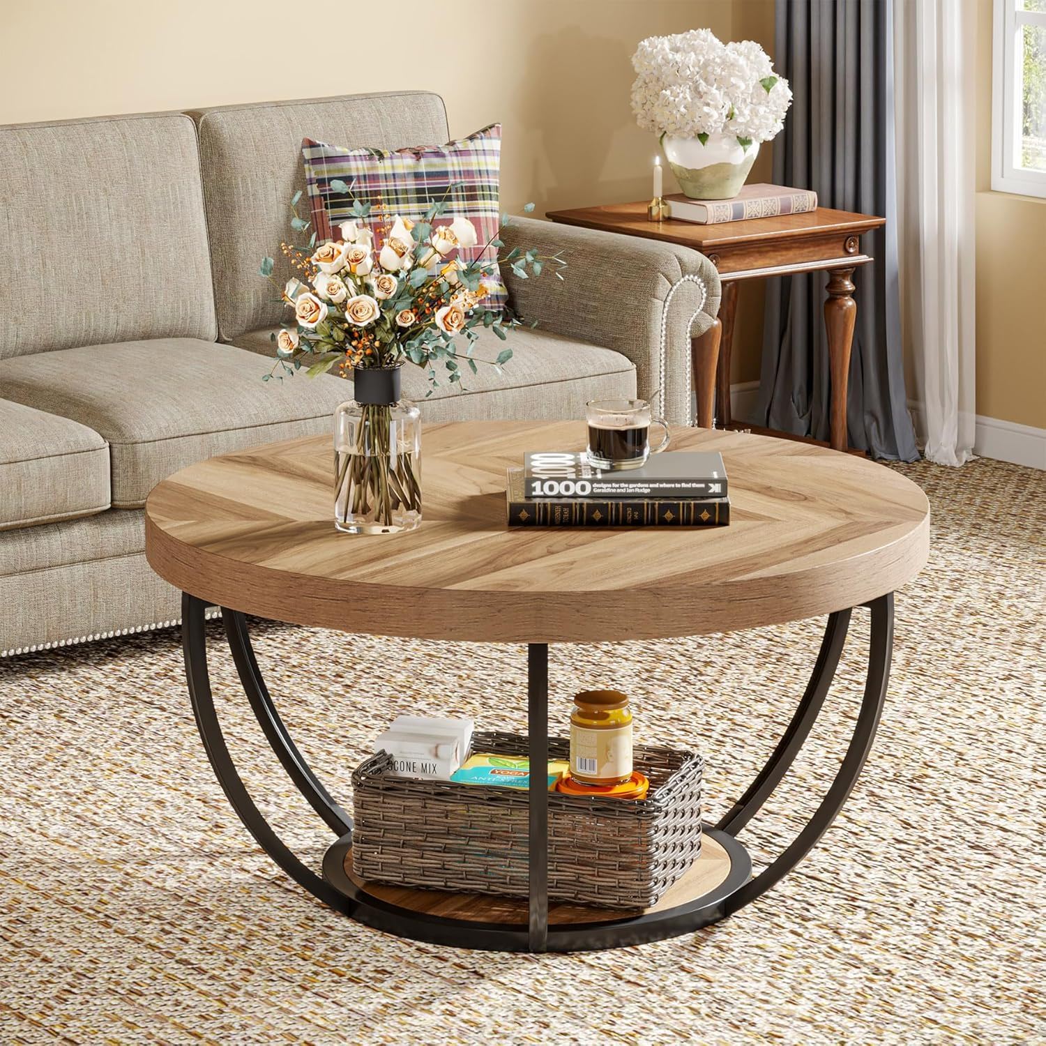 2 Tier Circle Coffee Table With Storage Shelves