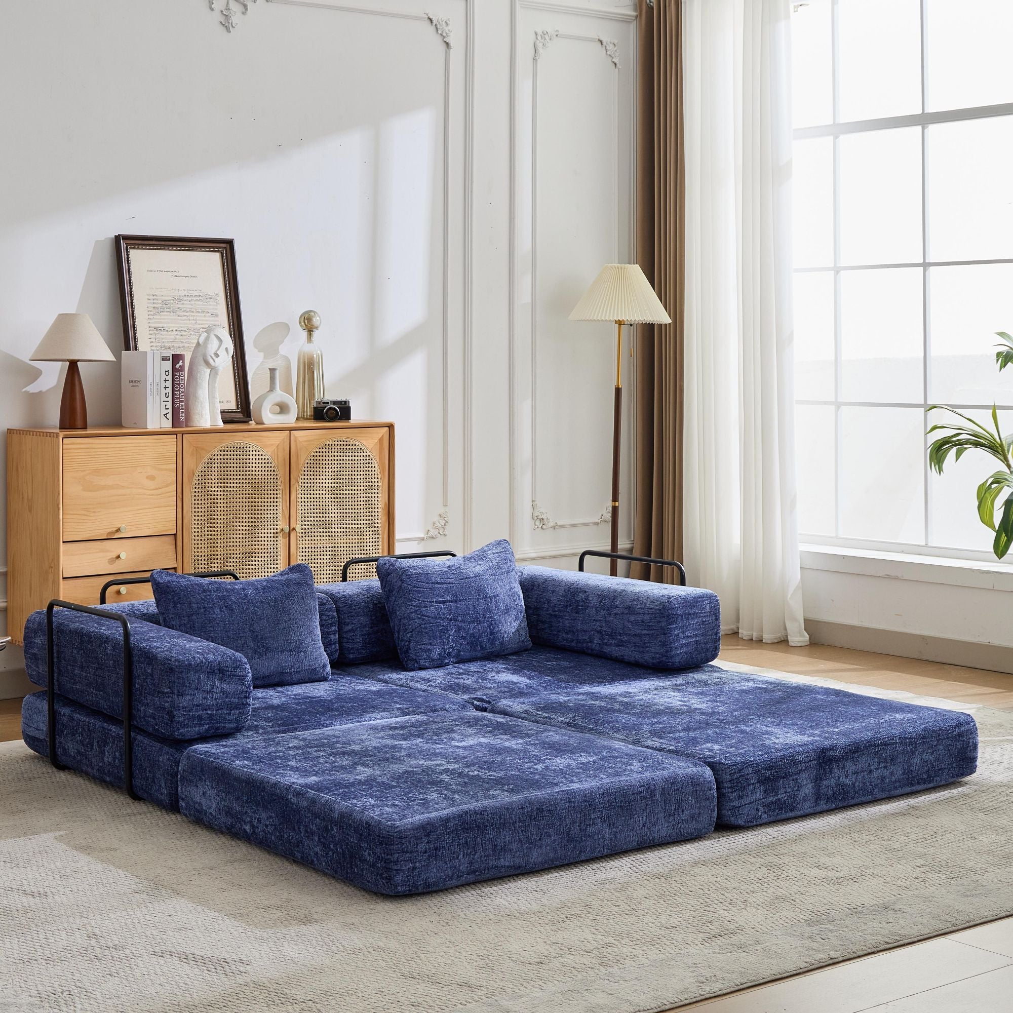 Convertible Floor Sofa Bed With Fixed Shape Frame, Loveseats Boneless Modular Sectional, For Living Room - Dark Blue
