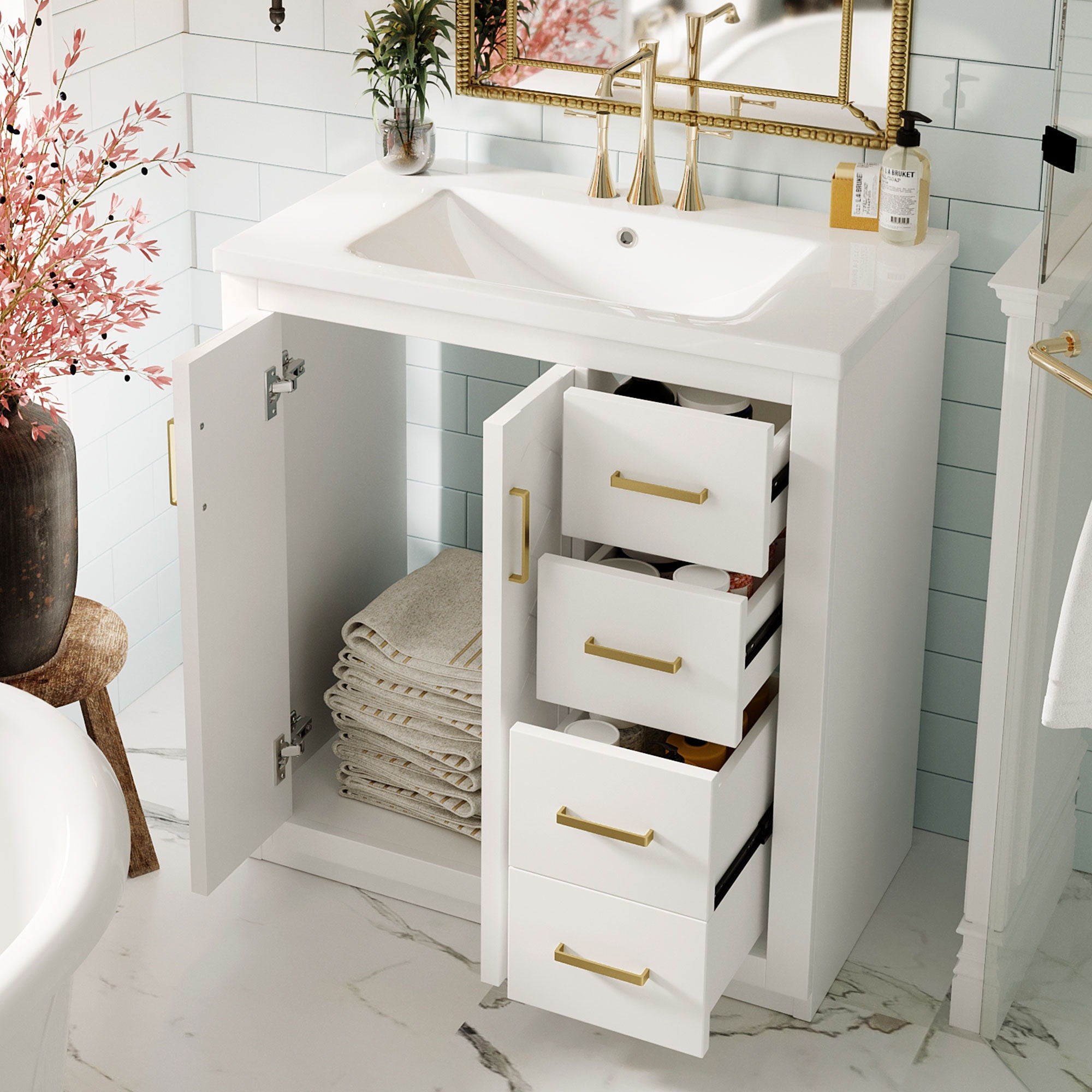 Bathroom Vanity With Sink, Storage Cabinet, Freestanding Set With 3 Drawers & Soft Closing Doors