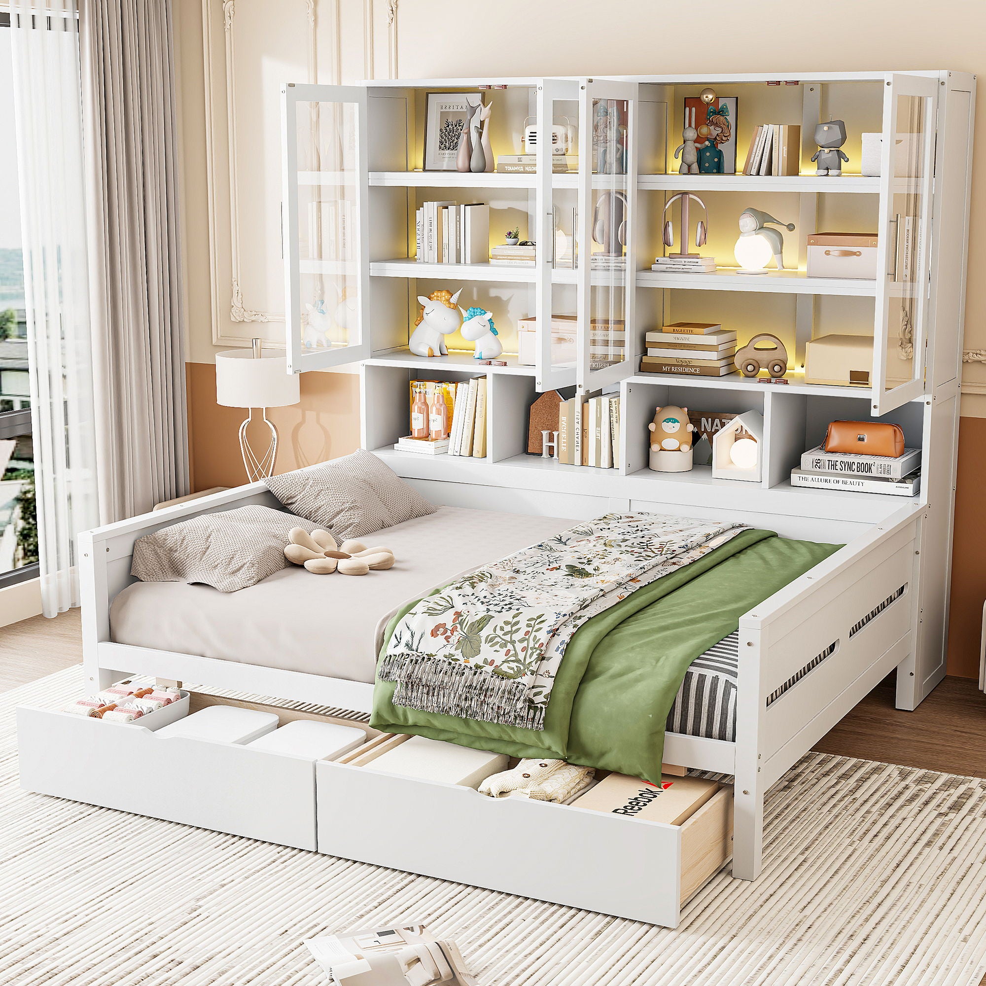 Daybed With Glass Door Storage Cabinets, Built In LED Lighting And Shelves