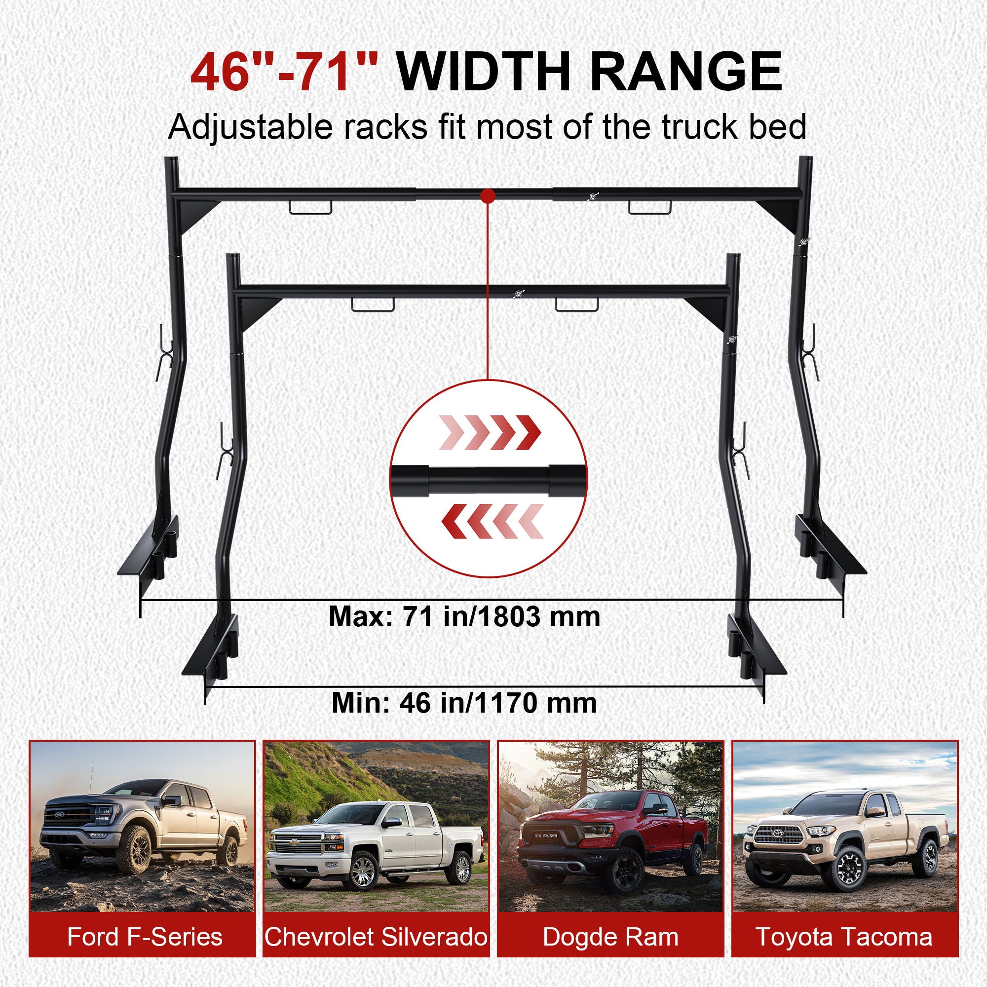 Heavy Duty Universal Truck Bed Ladder Rack, No-Drill Installation, Adjustable - Black
