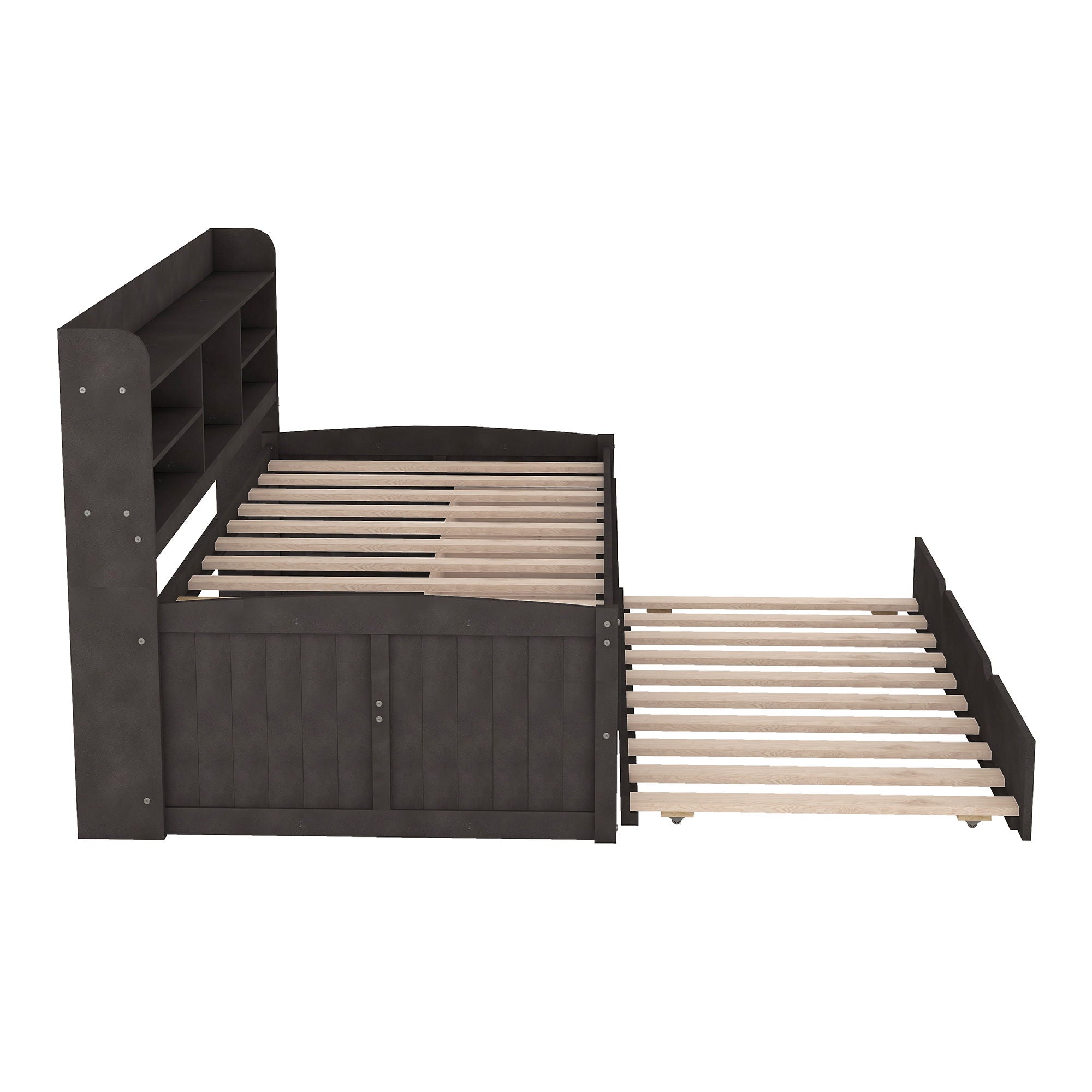 Captain Bed With Built In Bookshelves, 3 Storage Drawers, And Trundle