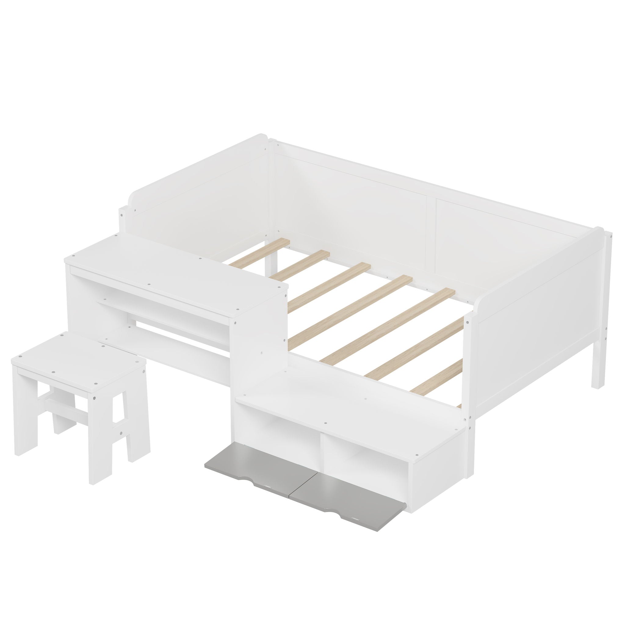 Daybed With Storage Shelves And Lockers, Multi Functional Bed With Study Desk And Matching Stool