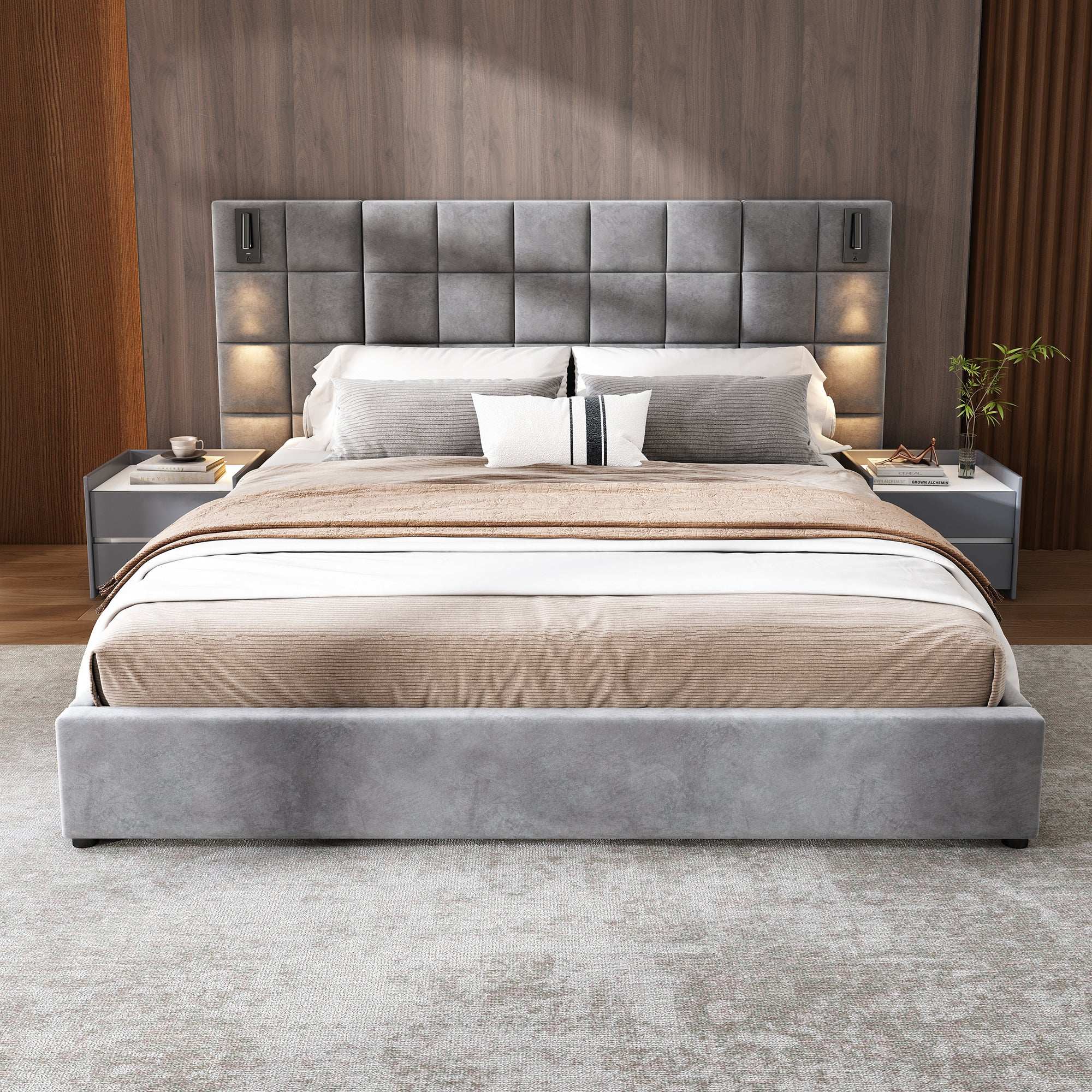 Oriana Upholstered King Bed with Reading Lamp and USB port