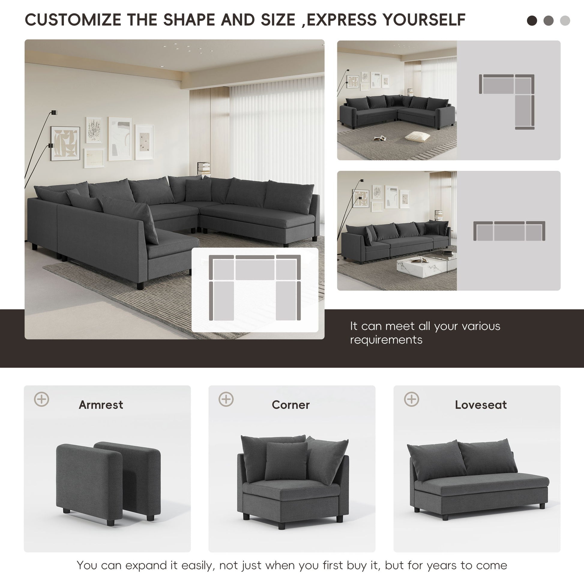 Modular Sectional Reversible U Shaped Couch Set, Free Combination Minimalist Style Oversized 8 Seat Convertible Sofa - Best Buy Furniture