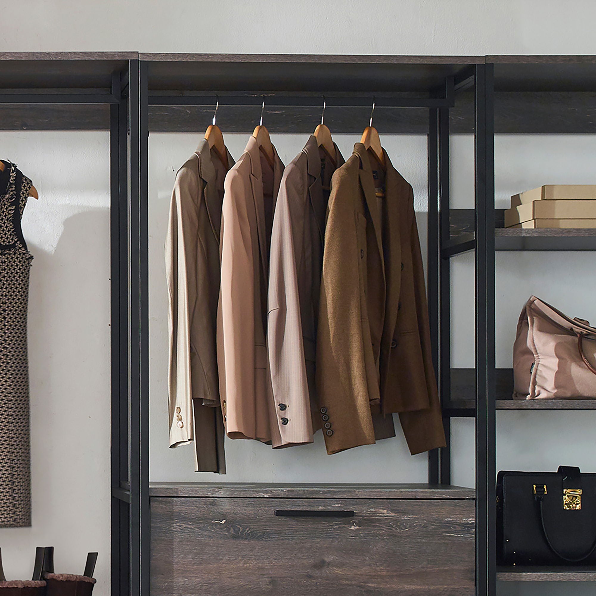 Monica - Wood Walk In Closet System, Powder Coated Metal Frame And Melamine - Rustic