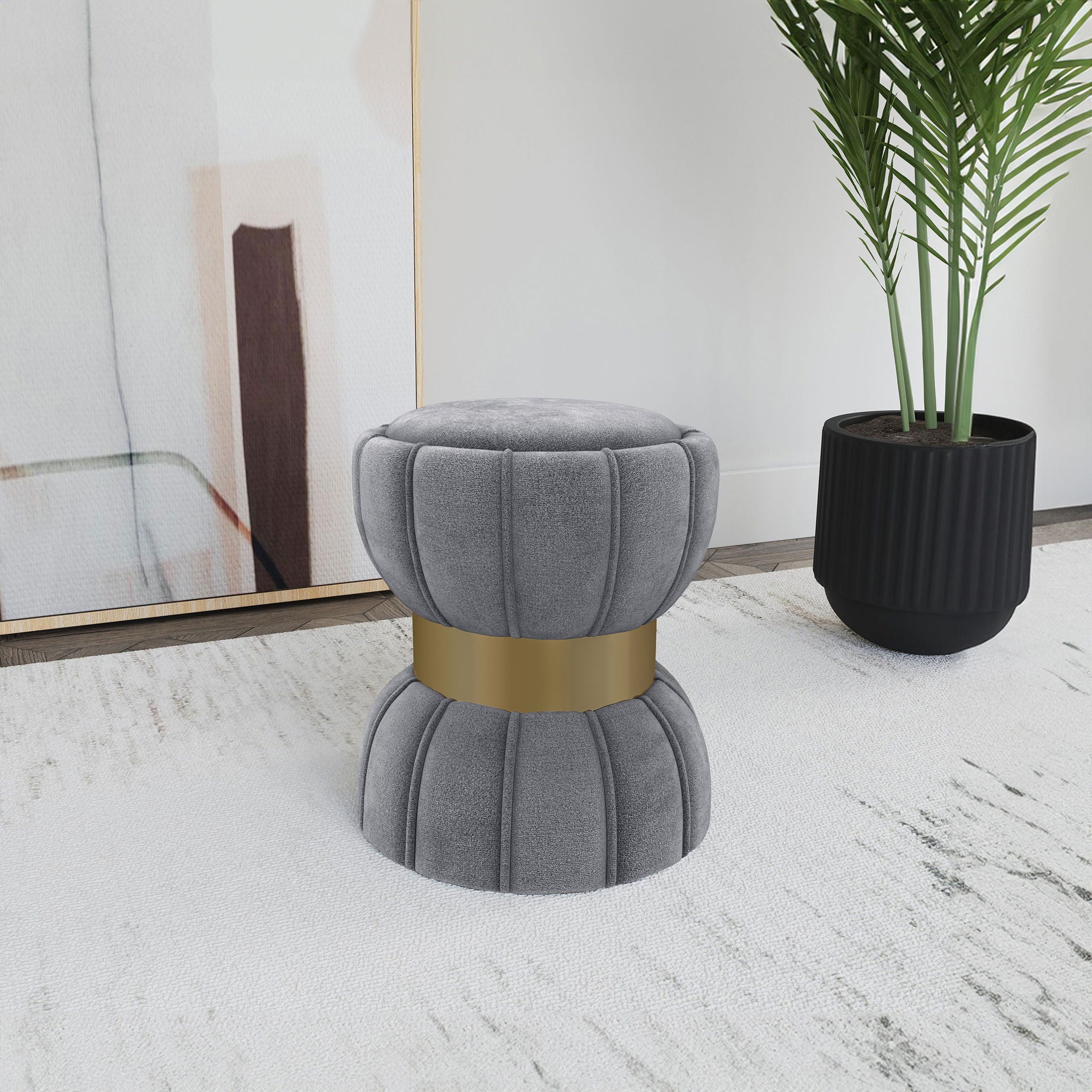 Round Upholstered Ottoman Pouf With Velvety Soft Upholstery