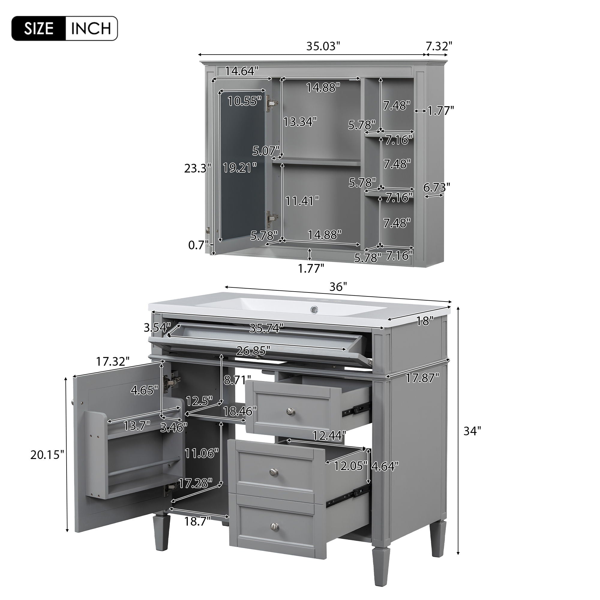 Bathroom Vanity With Top Sink, Storage Cabinet With Mirror, 2 Doors, 3 Drawers, 6 Open Shelves