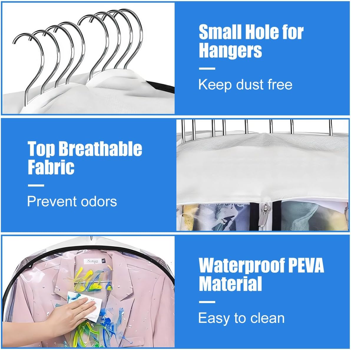 3 Pack Clear Garment Bags with Zipper Waterproof PEVA Suit Covers