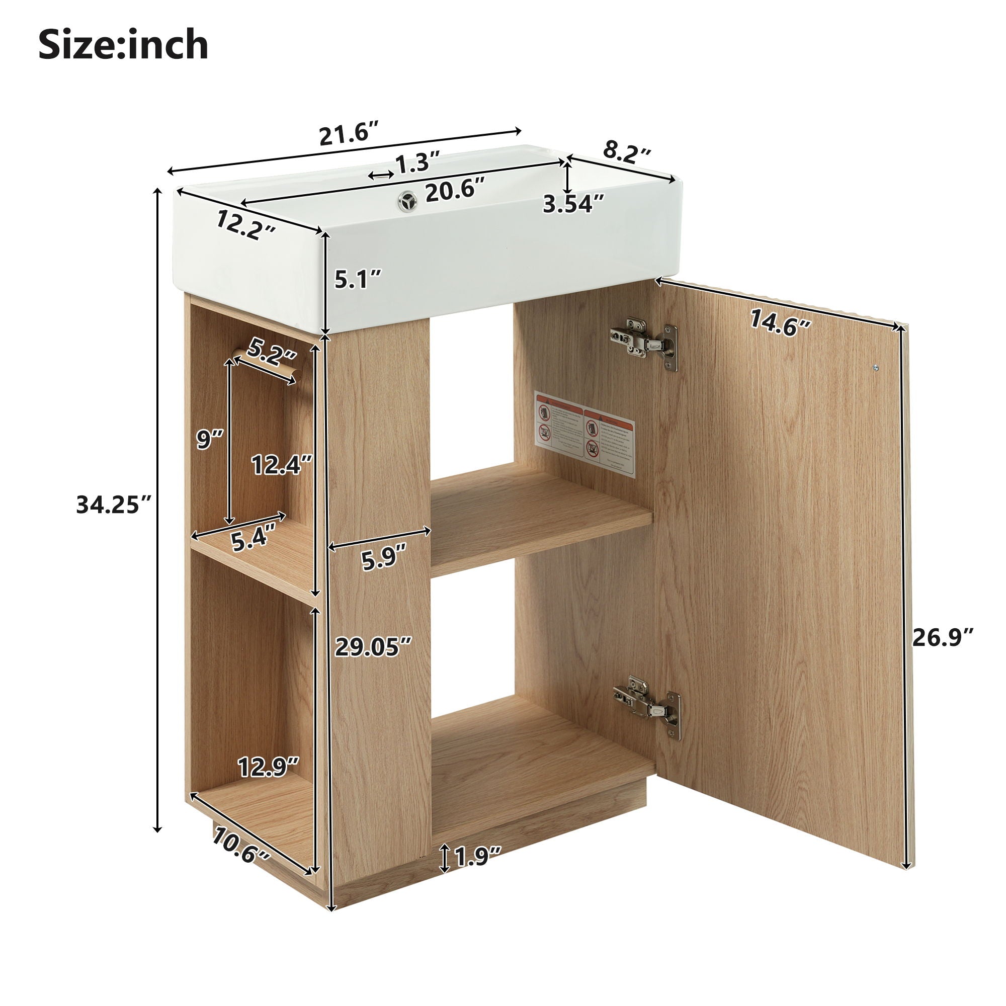 Bathroom Vanity With Sink, 21.6" Freestanding Wood Grain Cabinet With Storage Ideal For Small Bathrooms - Wood