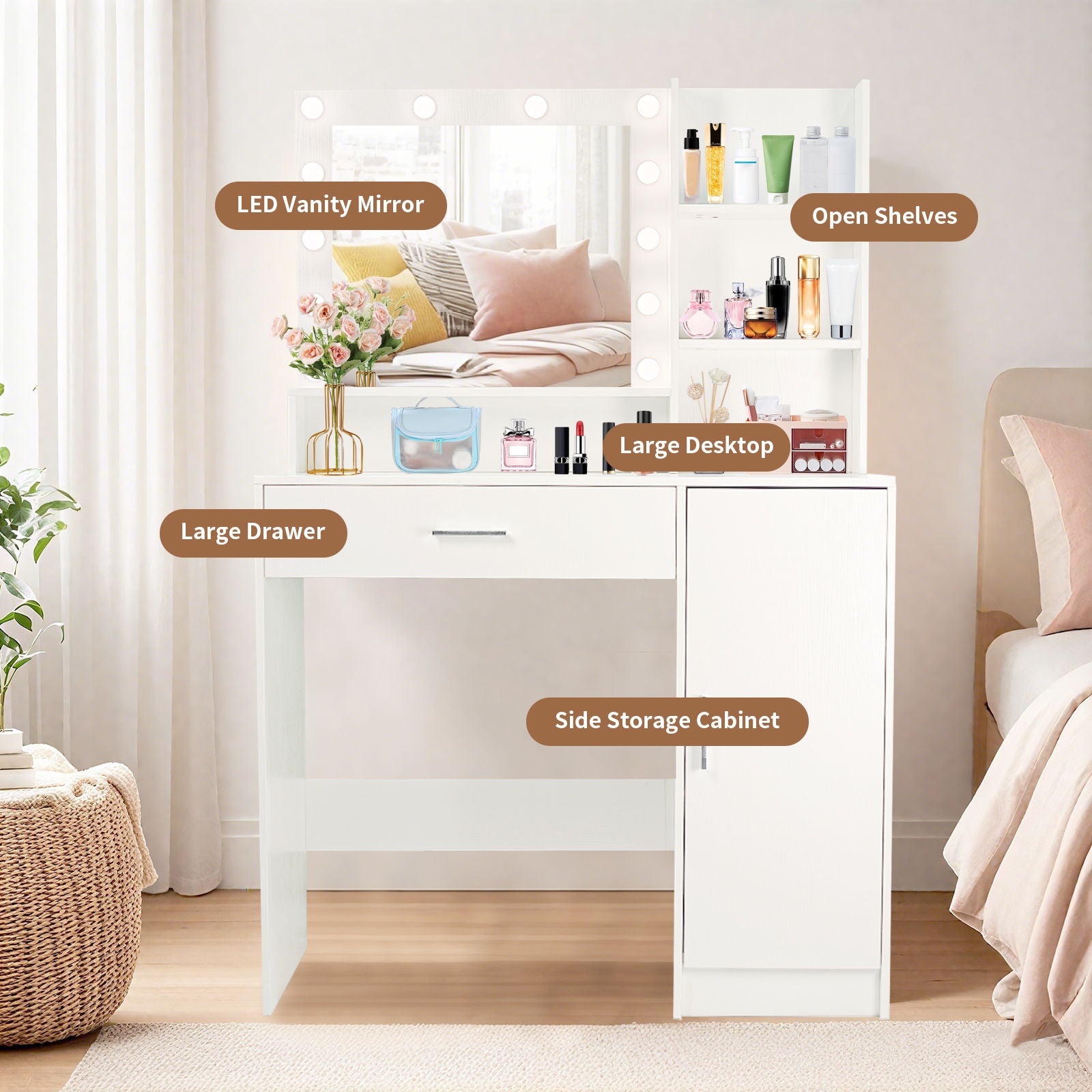 Vanity Desk With Mirror And Adjustable LED Lights, 3 Lighting Modes, Drawer And Storage Cabinet - White