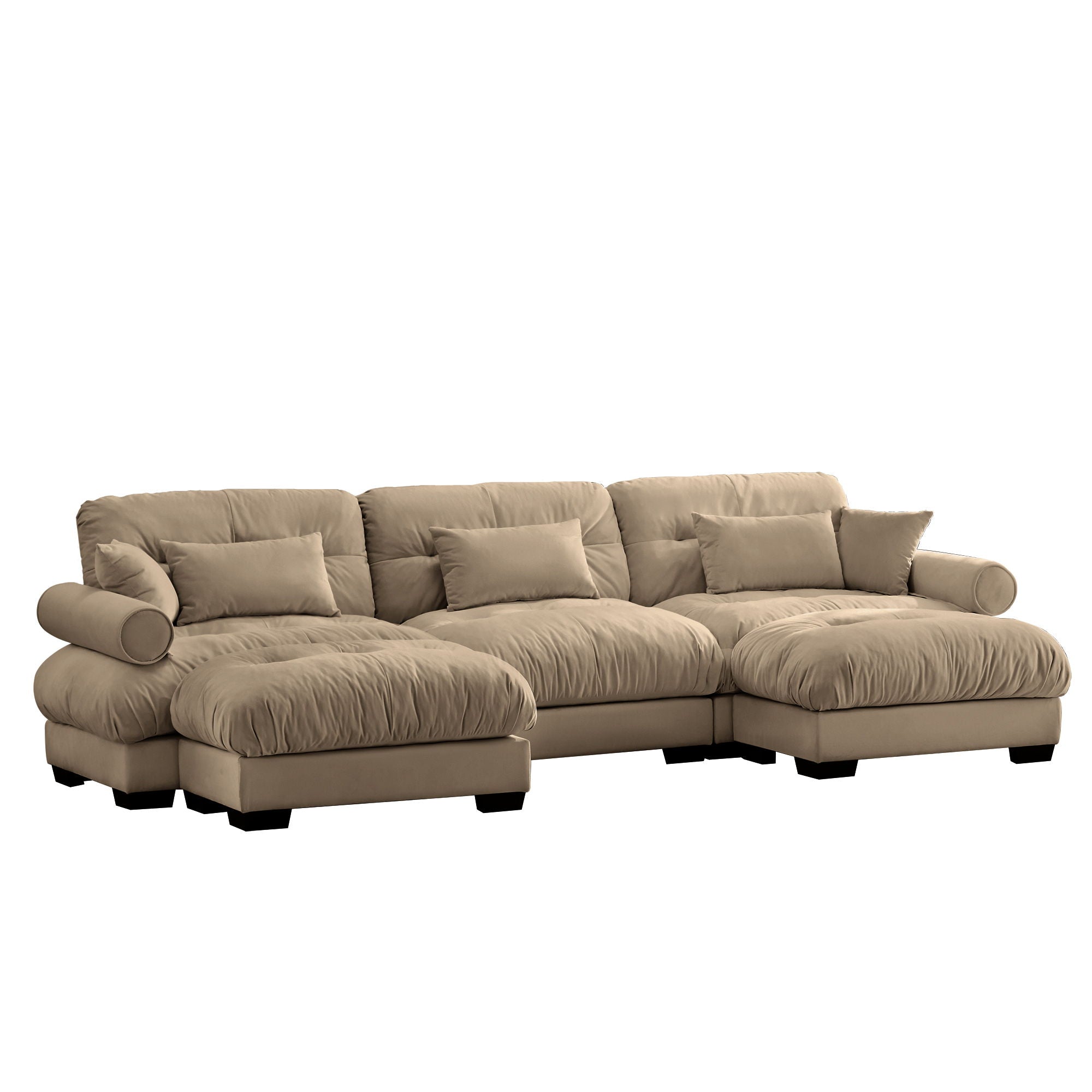 Modern Sectional Sofa With Ottoman, Round Bolster Armrests, Waist And Throw Pillows