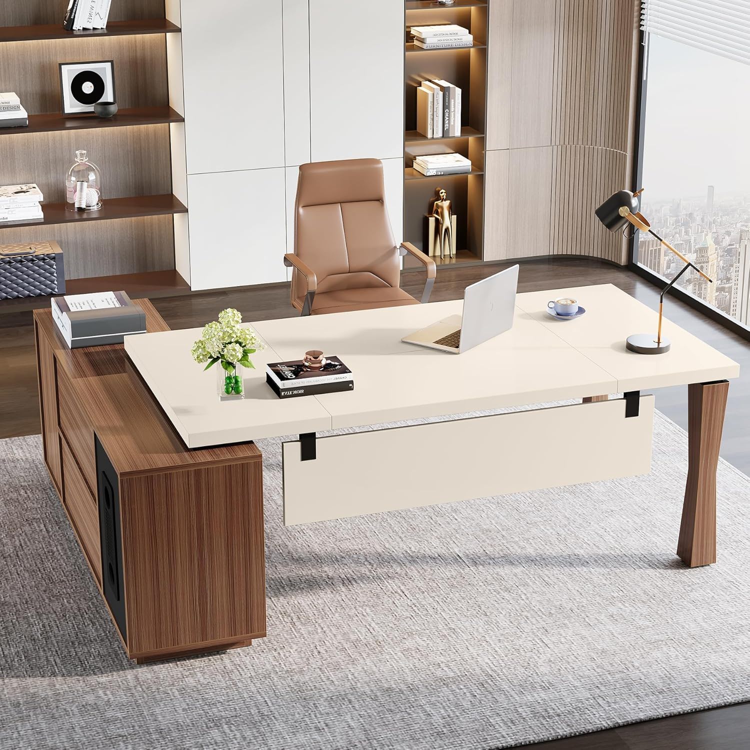 L-Shaped Executive Desk With Storage Cabinet, Home Office Workstation With Shelves - White / Walnut