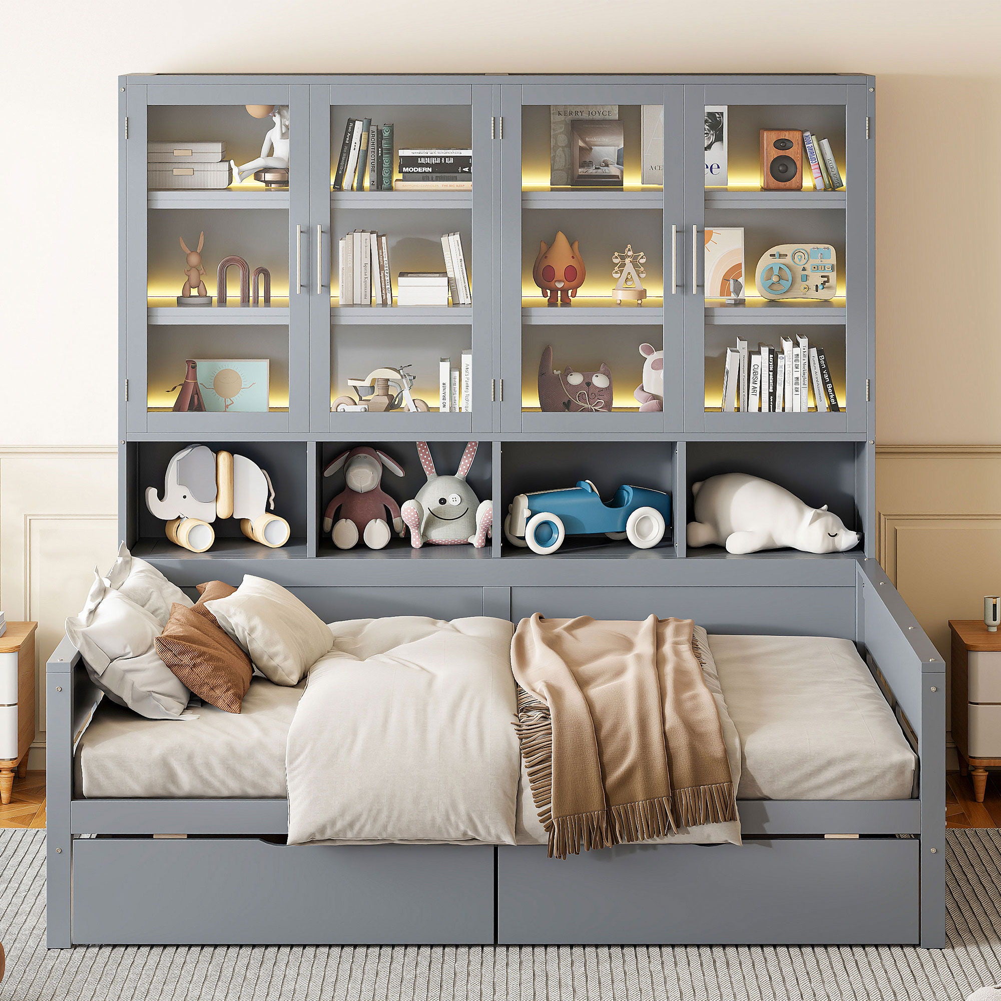 Daybed With Glass Door Storage Cabinets, Built In LED Lighting And Shelves