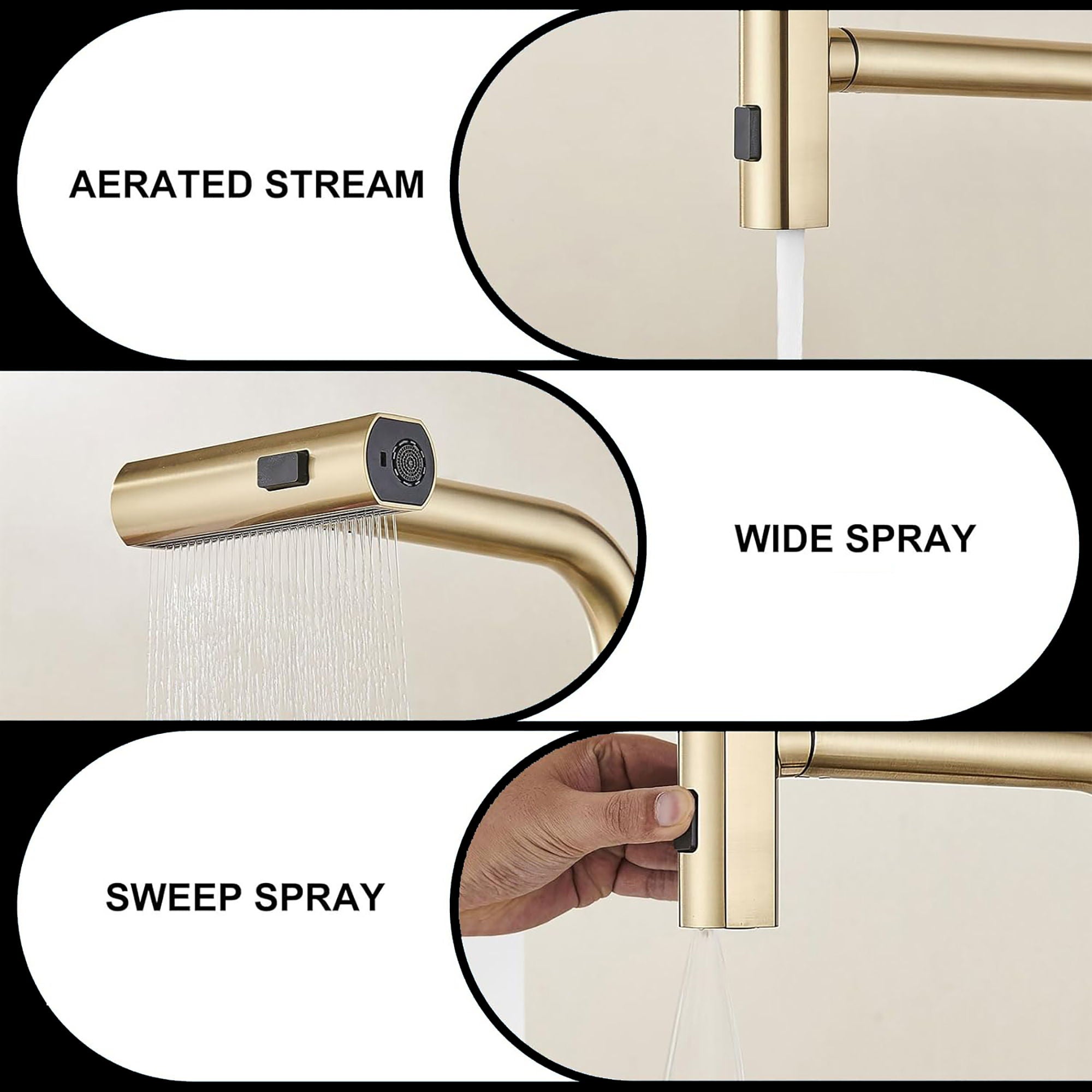 Kitchen Waterfall Faucet With Pull Down Sprayer, Single Handle, 360 Degree Rotating Zinc Alloy - Brushed Gold