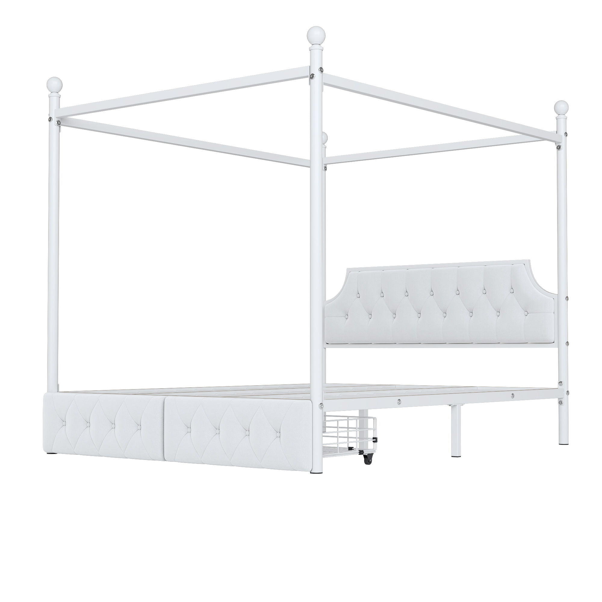 Canopy Platform Bed With Upholstered Headboard And 2 Storage Drawers - White