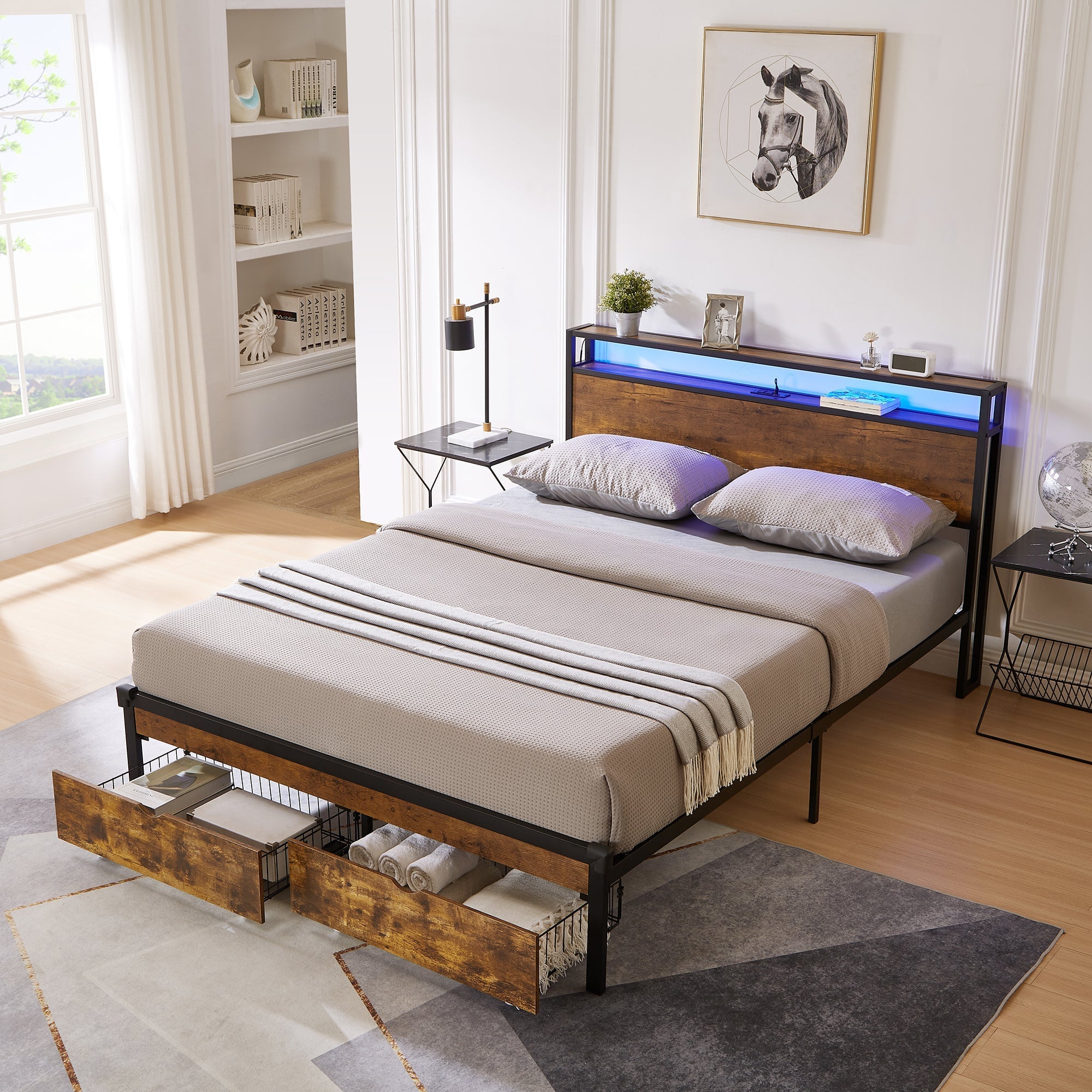 Modern King Size Metal Platform Bed Frame with Wooden Headboard