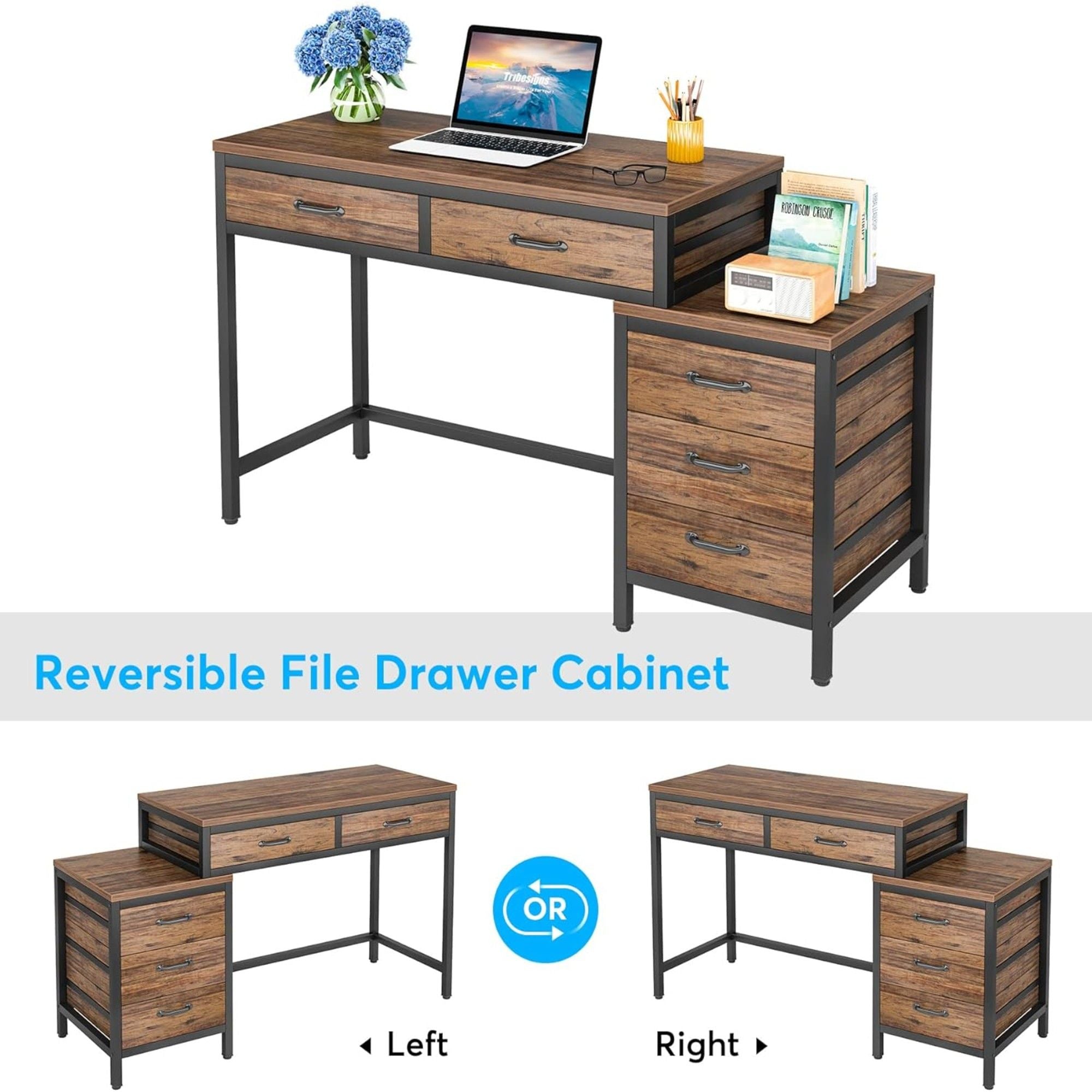 Computer Desk With Reversible 5 Drawer Storage, Frame Writing Table For Small Spaces