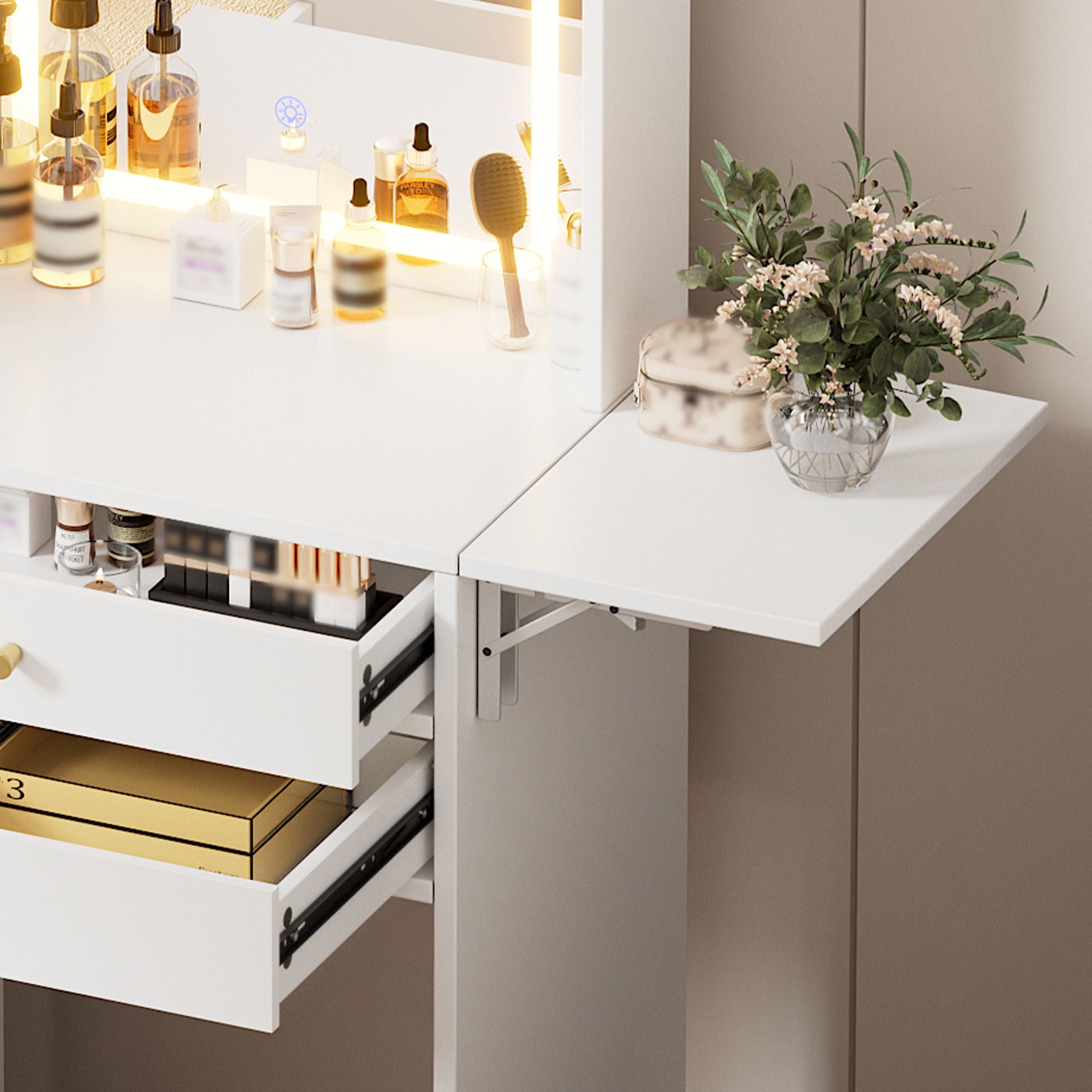 Contemporary Small Space Vanity Table Set With Adjustable Lighted Mirror And Storage Chair - White