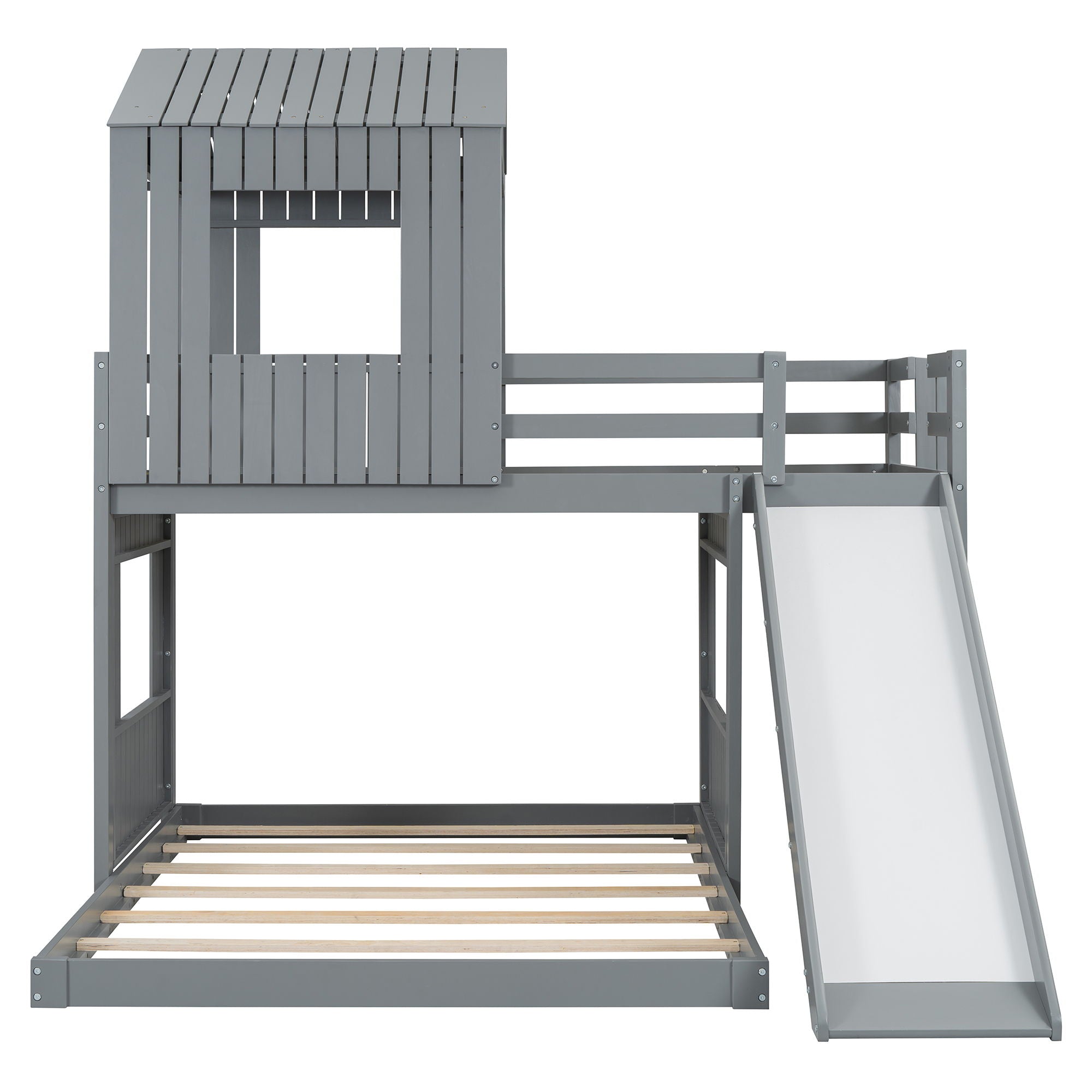 Loft Bunk Bed With Playhouse, Farmhouse, Ladder, Slide And Guardrails