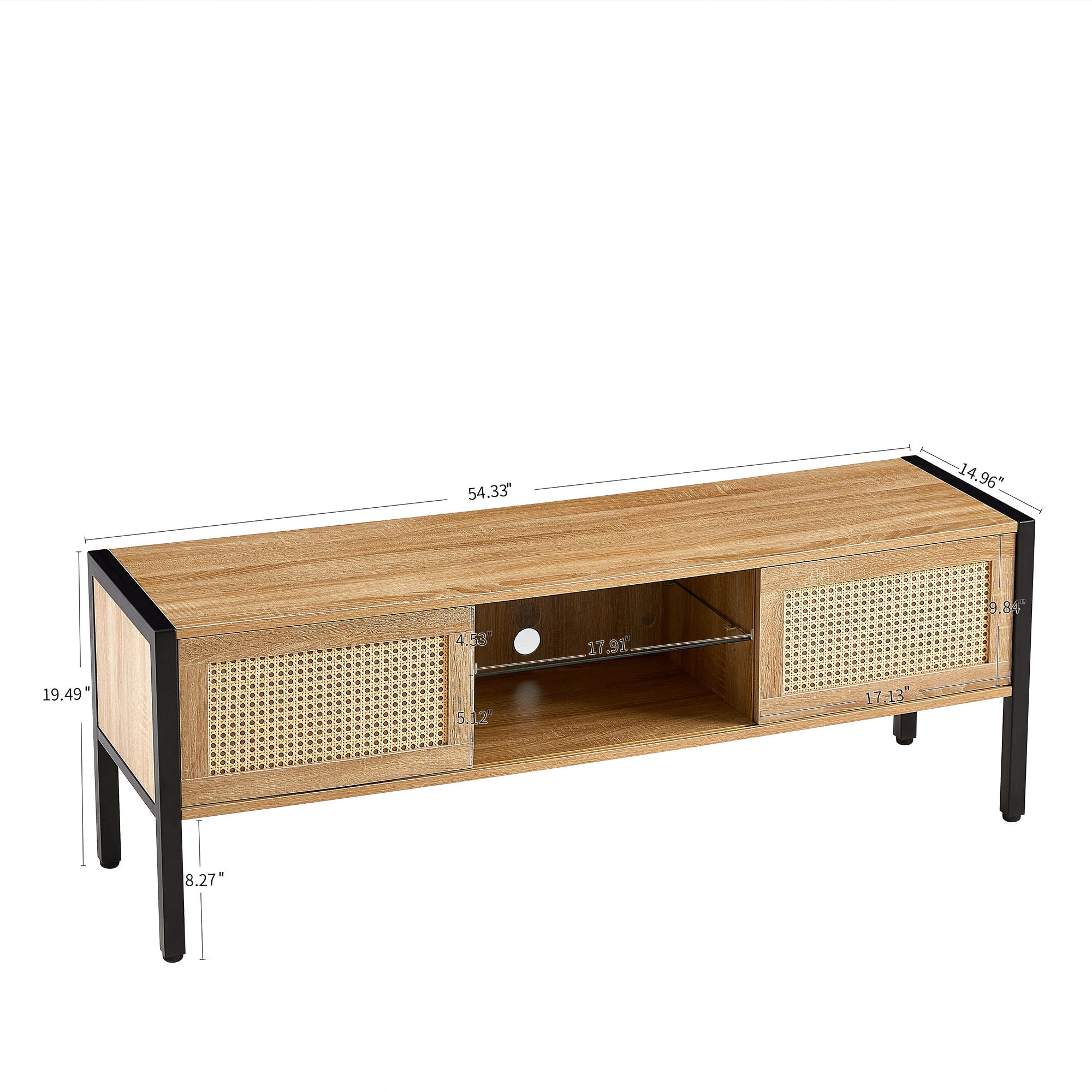 Rattan TV Cabinet With Variable Color Light Strip, Double Sliding Doors For Storage, Adjustable Shelf, Metal Legs, TV Console For Living Room