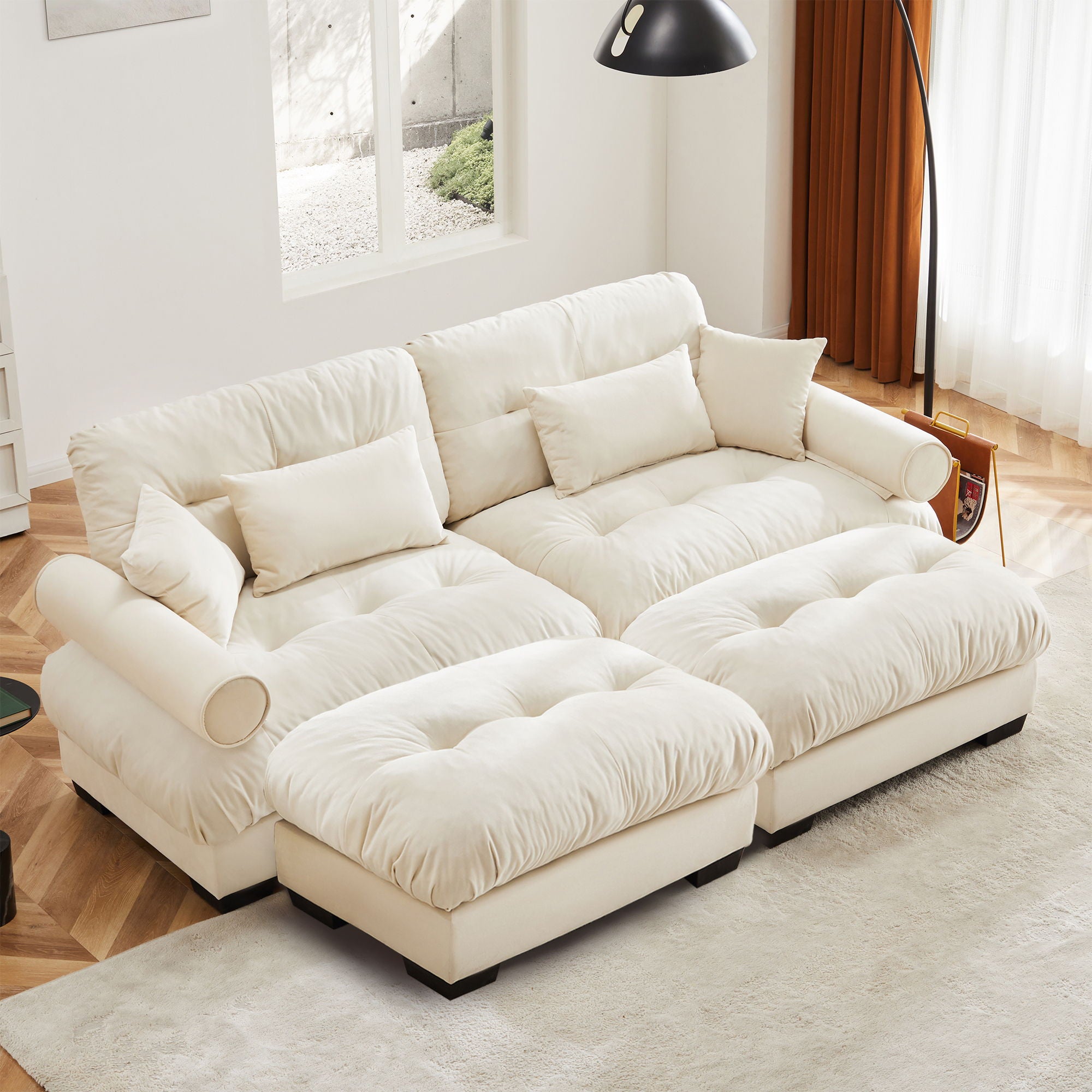 Modern Sectional Sofa With Ottoman, Round Bolster Armrests, Waist And Throw Pillows