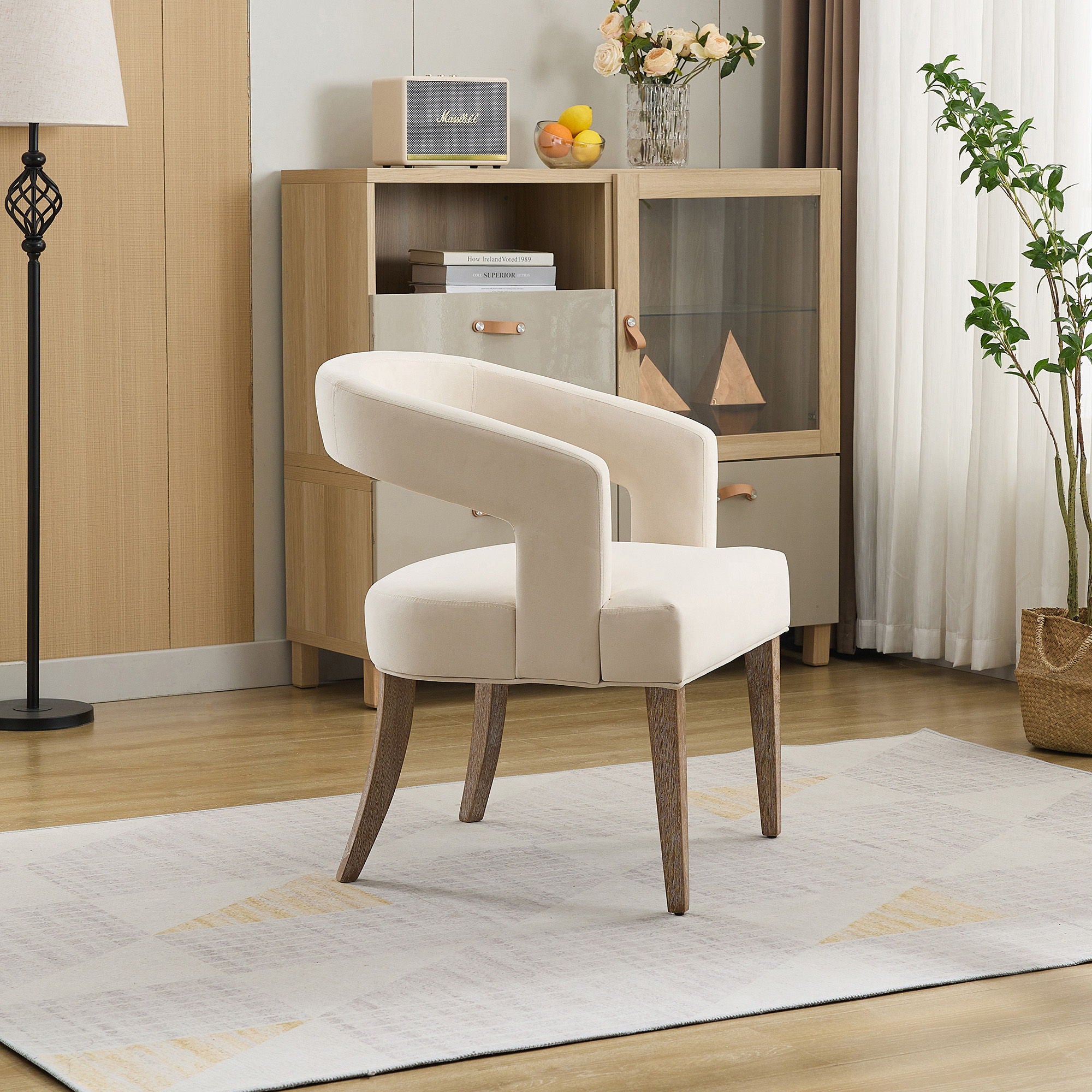 Wide Modern Barrel Open Back Upholstered Accent Chair With Weathered Solid Wood Legs